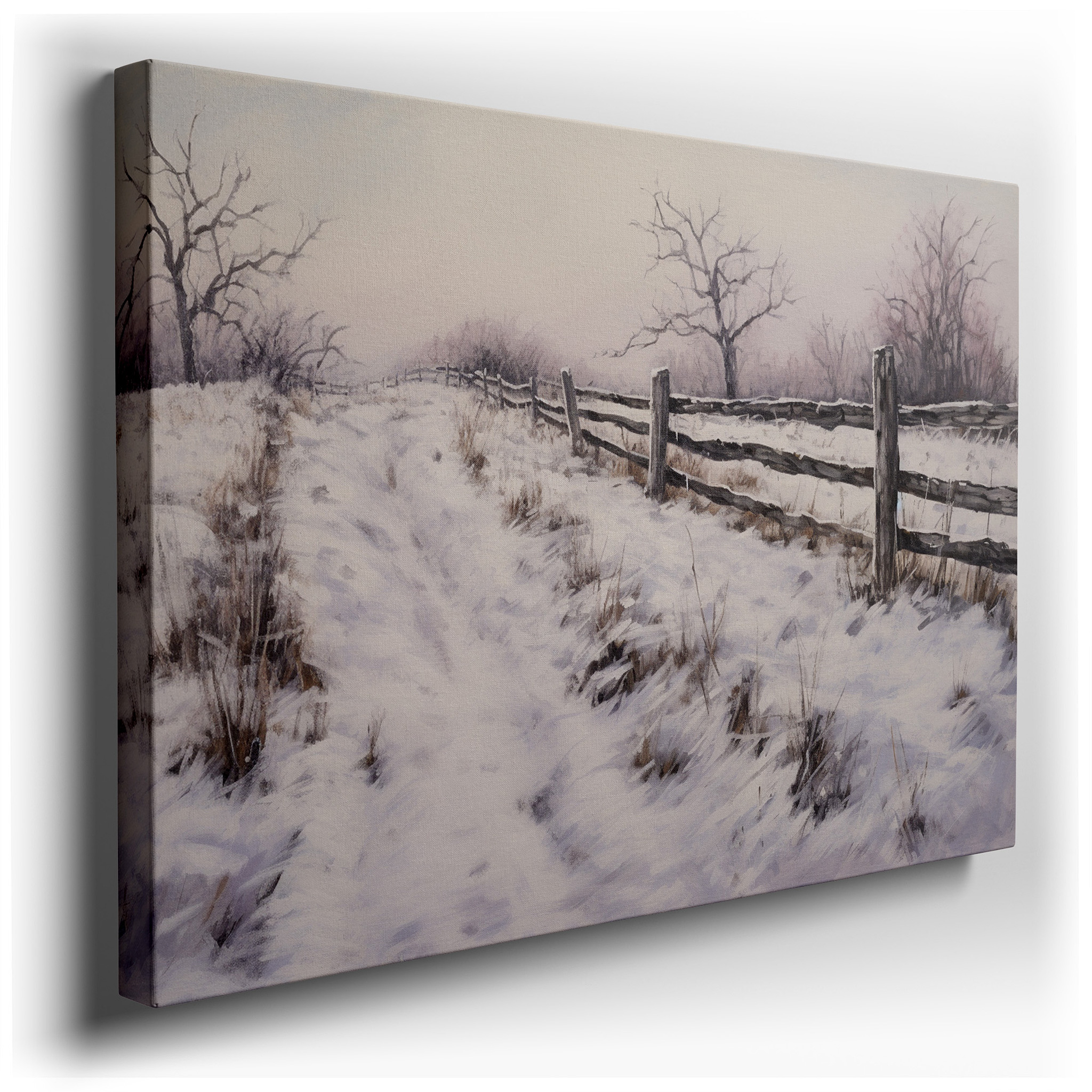 Serene Winter Landscape Featuring a Snow - Covered Path and Rustic Wooden Fence - Large Canvas Wall Art for Office and