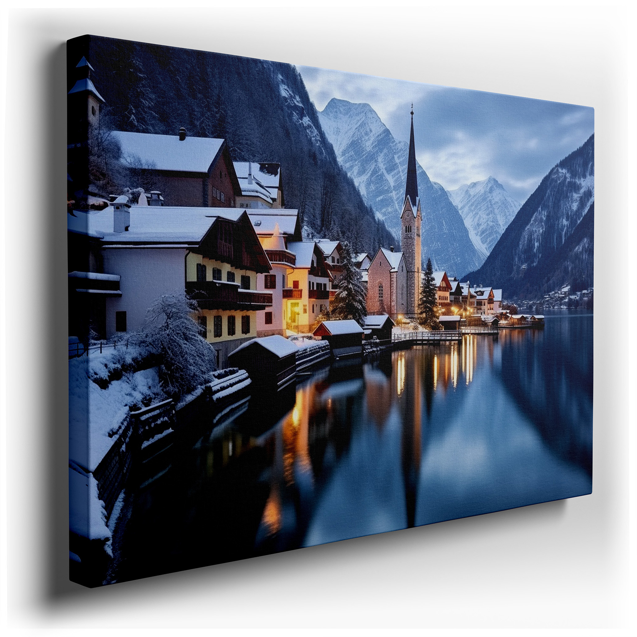 Serene Winter Night in a Snow - Covered Village with Twinkling Lights and Majestic Mountain Reflections Large Wall Art,