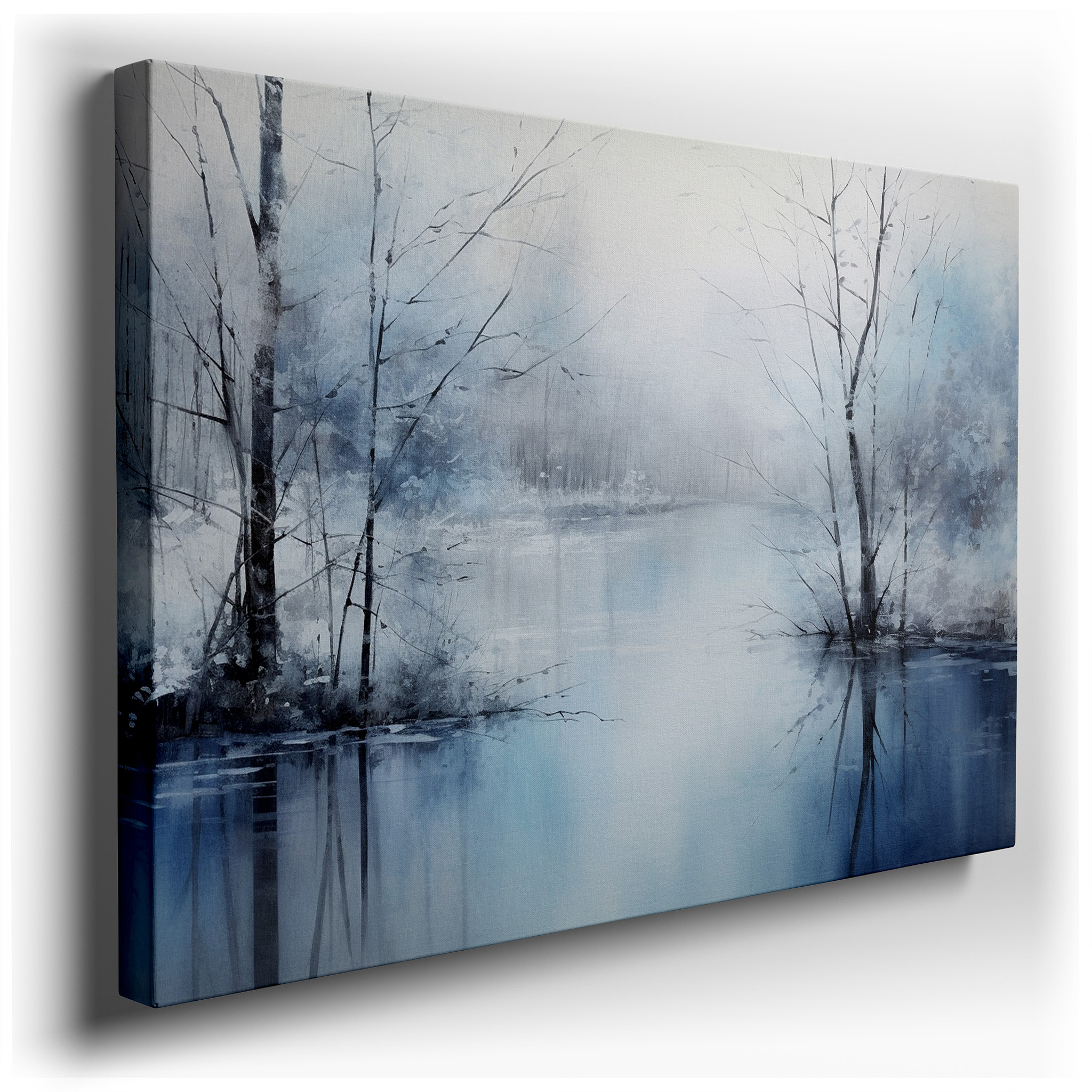 Serene Winter Reflections - Peaceful Waters and Misty Trees Large Wall Art, Canvas Wall Art, Wall Decor, Office Wall
