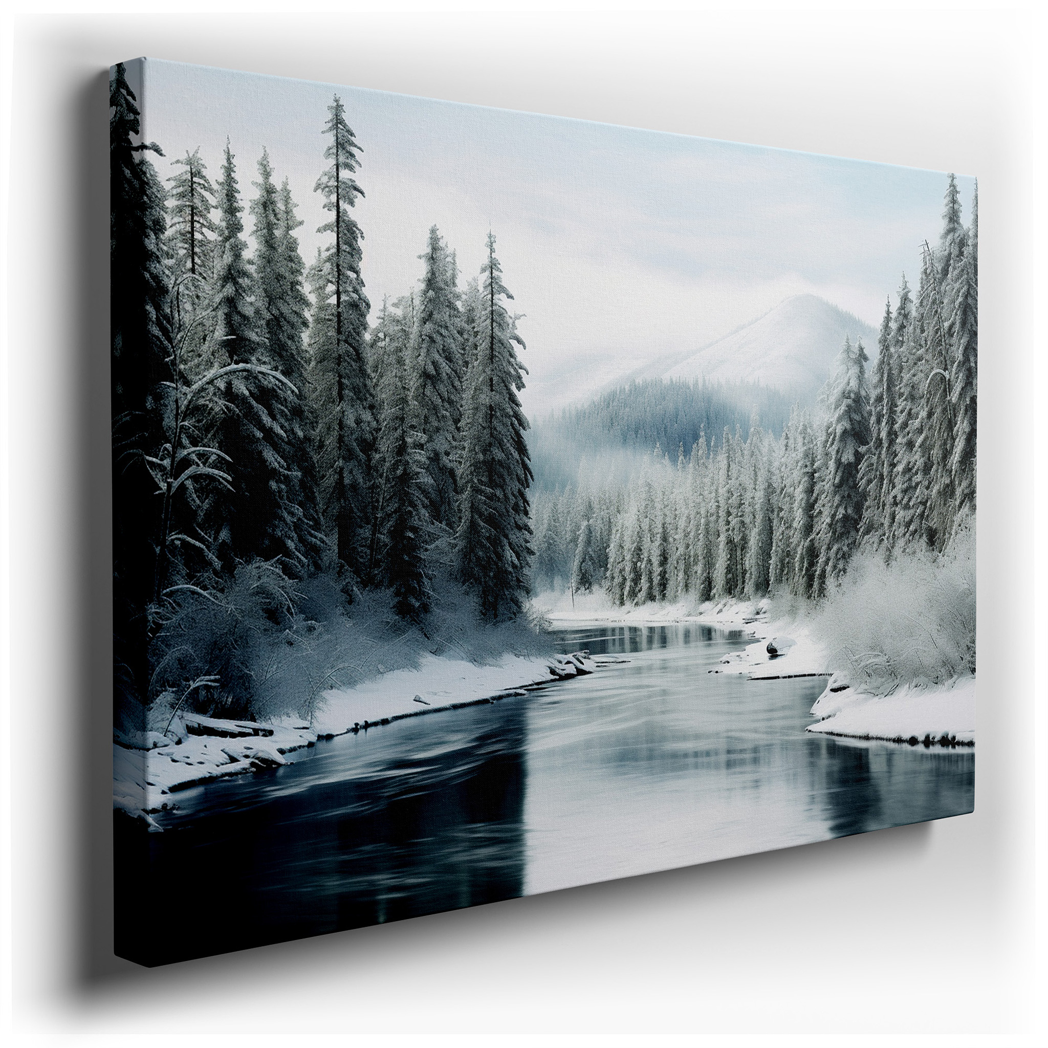 Serene Winter River Scene, Peaceful Snow - Covered Forest Journey Large Wall Art, Canvas Wall Art, Wall Decor for