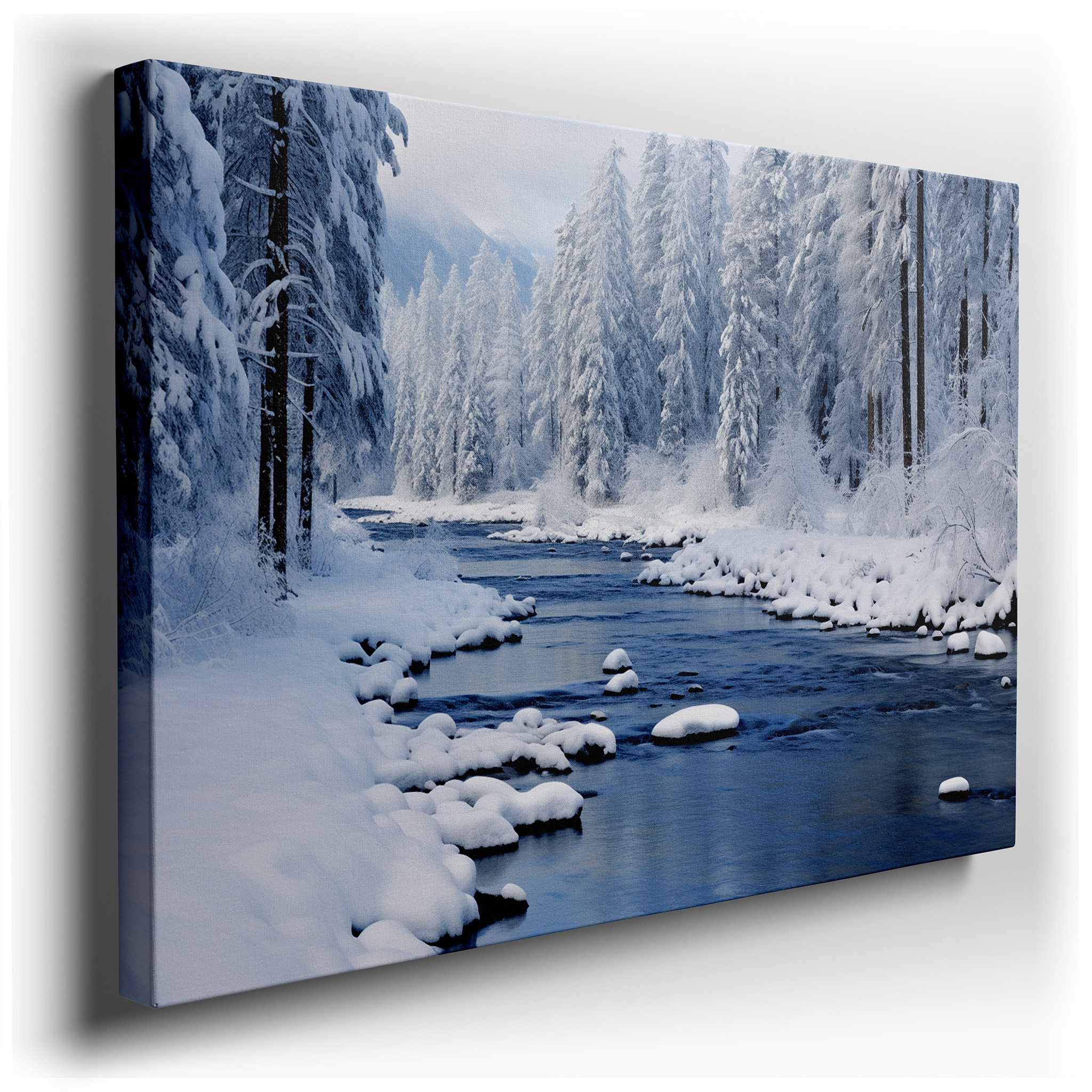 Serene Winter River with Snow - Covered Pines Large Wall Art, Canvas Wall Decor for Office, Bedroom, and Living Room