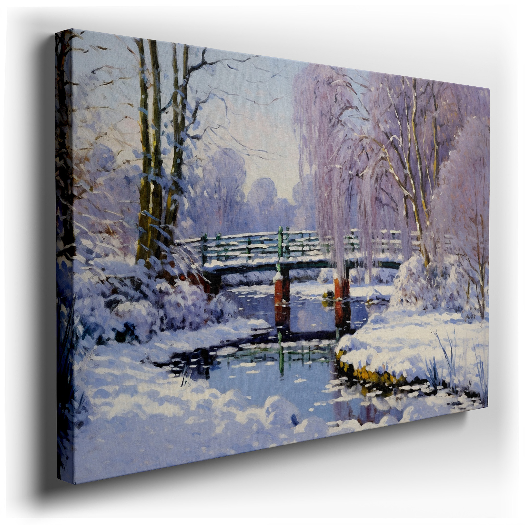 Serene Winter Scene Featuring a Rustic Wooden Bridge Over a Snowy Stream - Large Canvas Wall Art for Home and Office