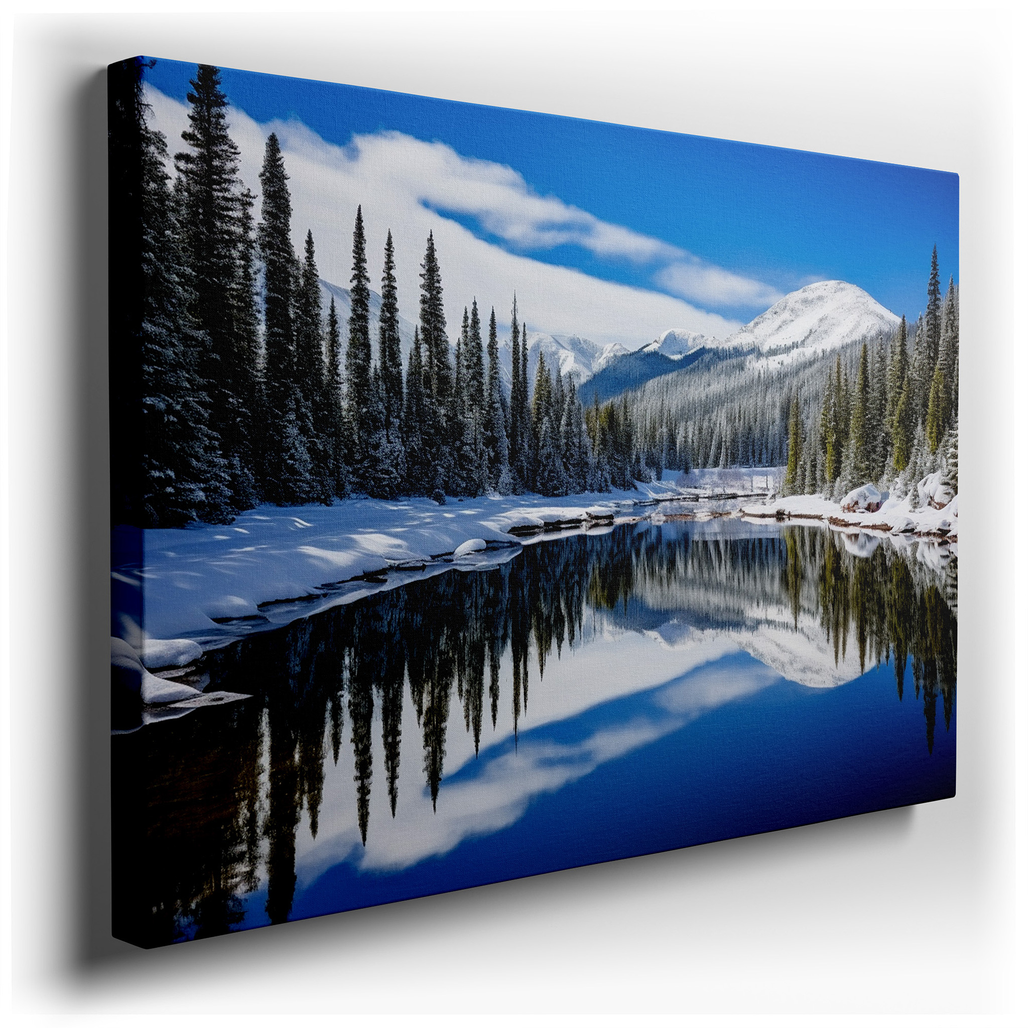 Serene Winter Scene: Snow - Covered Trees by a Peaceful Lake Under a Bright Blue Sky - Large Canvas Wall Art Decor
