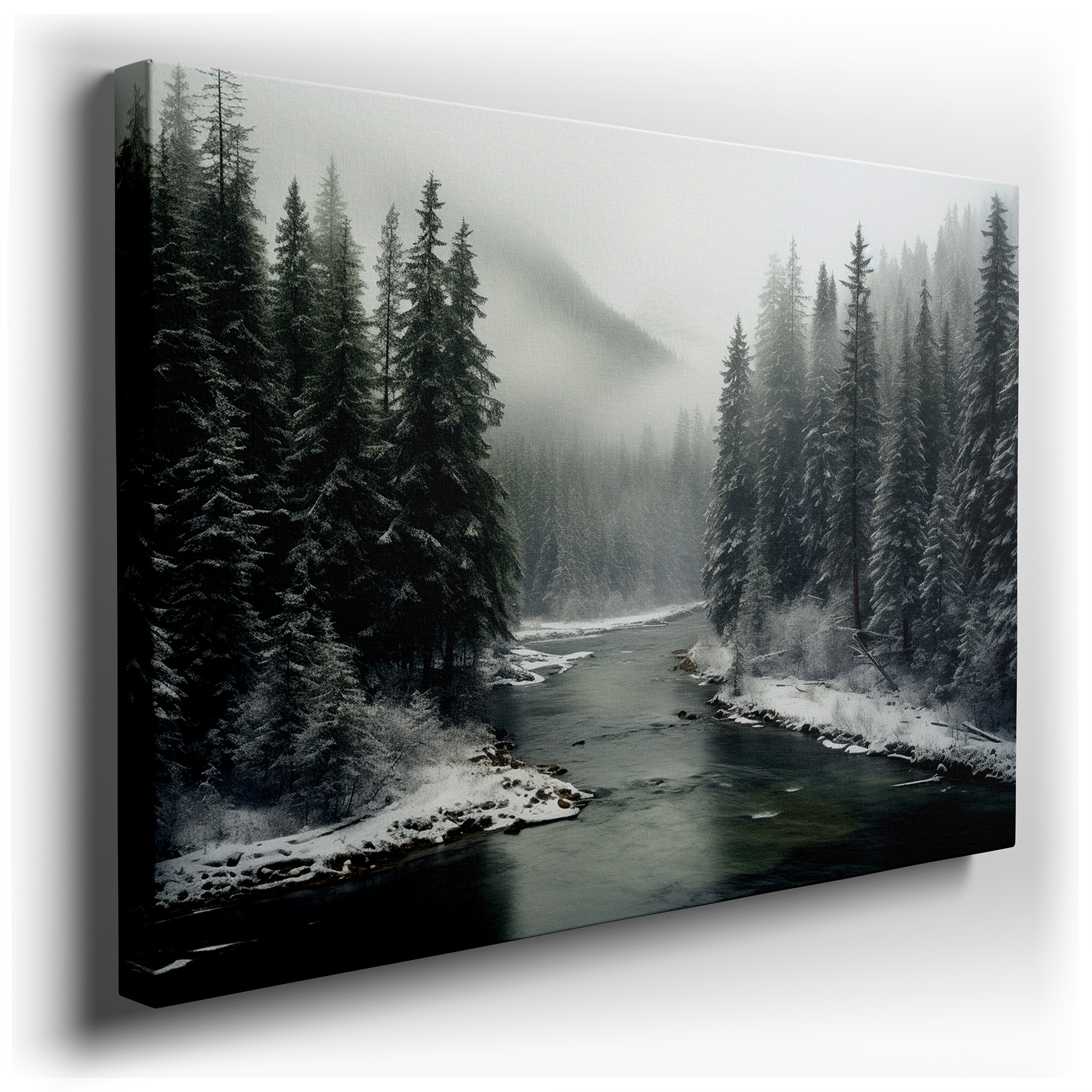Serene Winter Scene with Enchanted River and Snowy Forest Large Canvas Wall Art for Office and Bedroom Decor wrapped