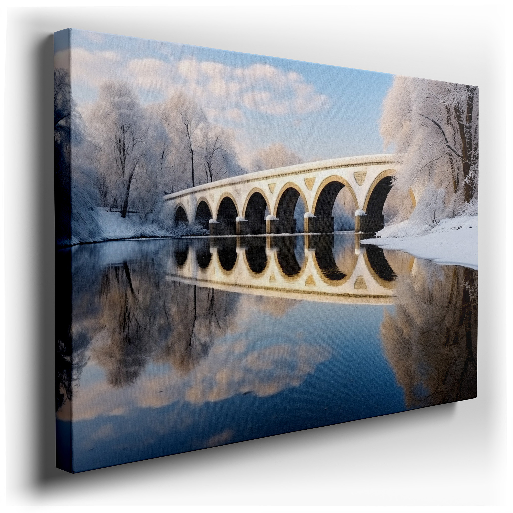 Serene Winter Scene with Graceful Arch Bridge Over Calm Waters - Large Canvas Wall Art for Office and Bedroom Decor