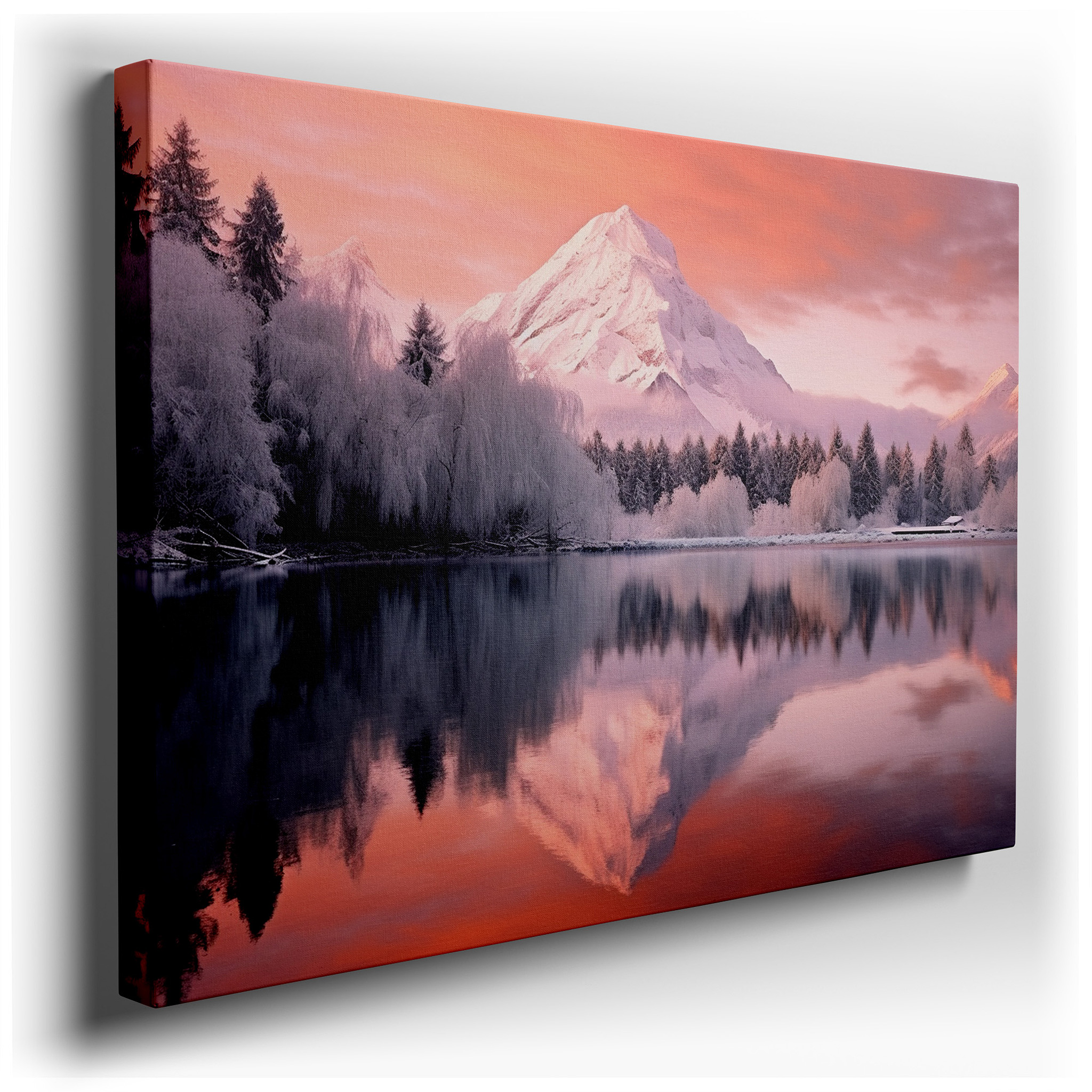 Serene Winter Scene with Snow - Capped Mountains and Reflective Lake - Large Canvas Wall Art for Office and Bedroom
