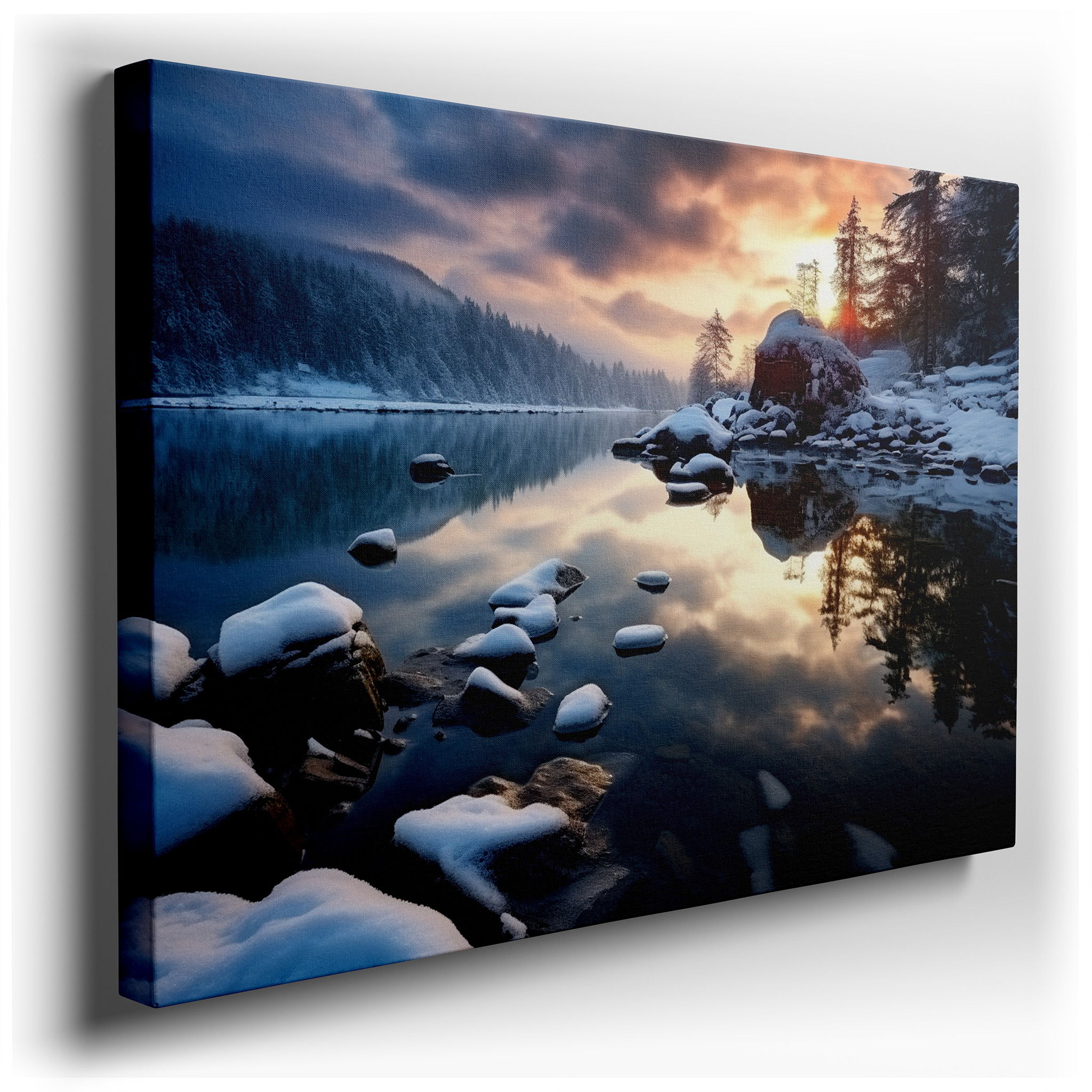Serene Winter Scene with Sunset Glow and Snow - Capped River Stones - Large Canvas Wall Art for Office and Bedroom