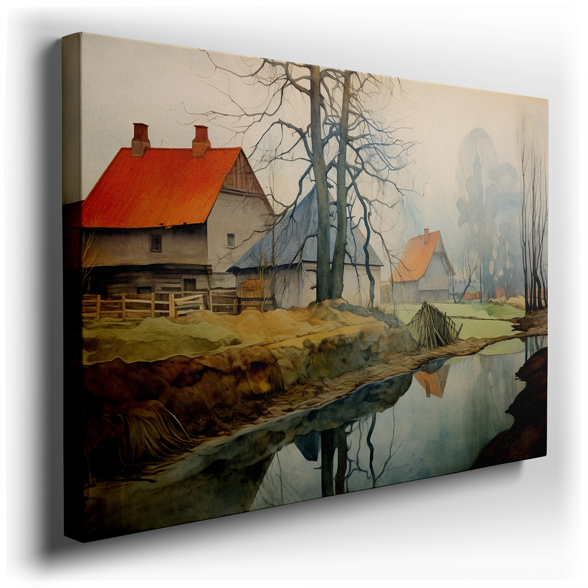 Serene Winter Village Canvas Wall Art Featuring Frost - Coated Trees and a Mist - Shrouded River, Ideal for Office and