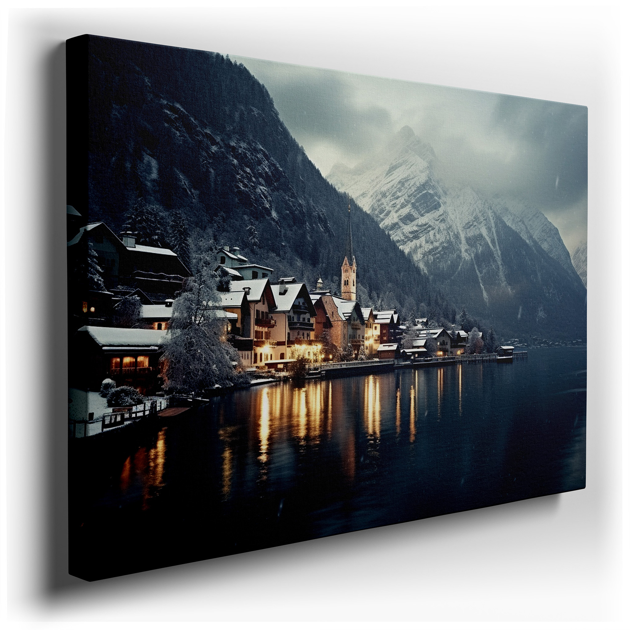 Serene Winter Village Canvas Wall Art Featuring Snow - Capped Mountains, Twilight Sky, and Lake Reflection - Ideal for