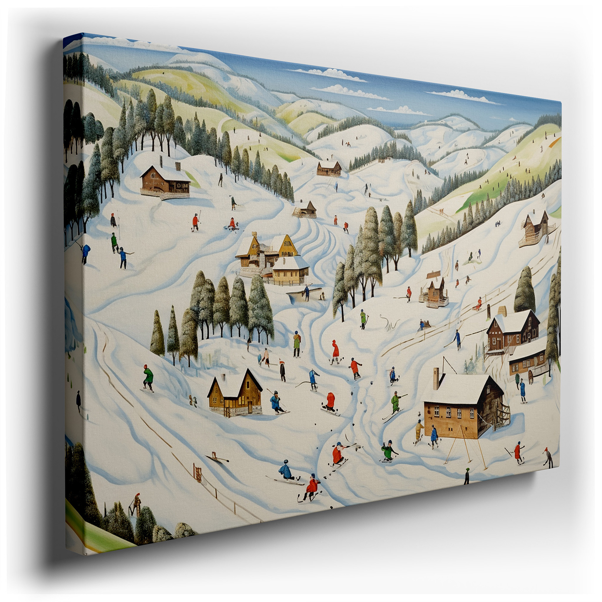 Serene Winter Wonderland Canvas Featuring Skiers and Snow - Covered Cabins - Large Wall Art for Office, Bedroom, and