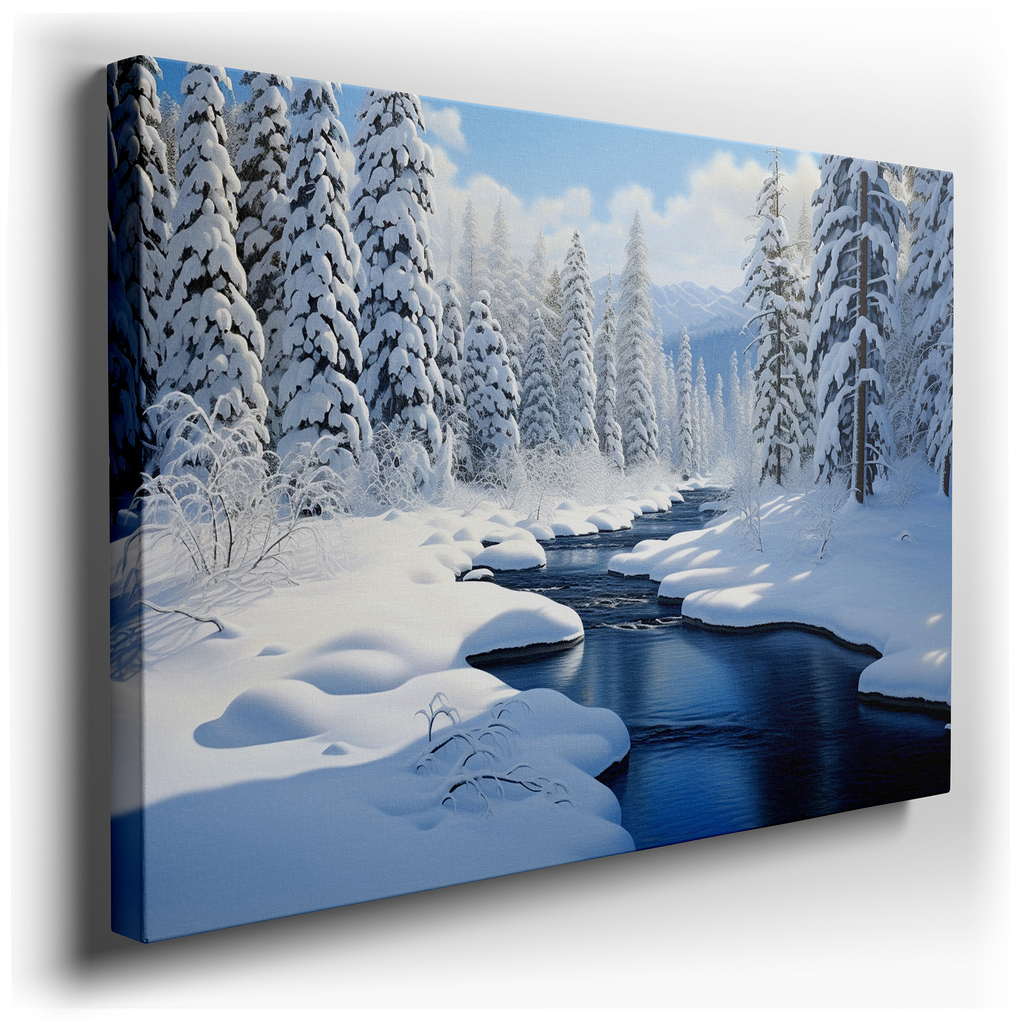 Serene Winter Wonderland Canvas Wall Art Featuring Snow - Covered Pines and Icy Stream, Perfect for Office, Living