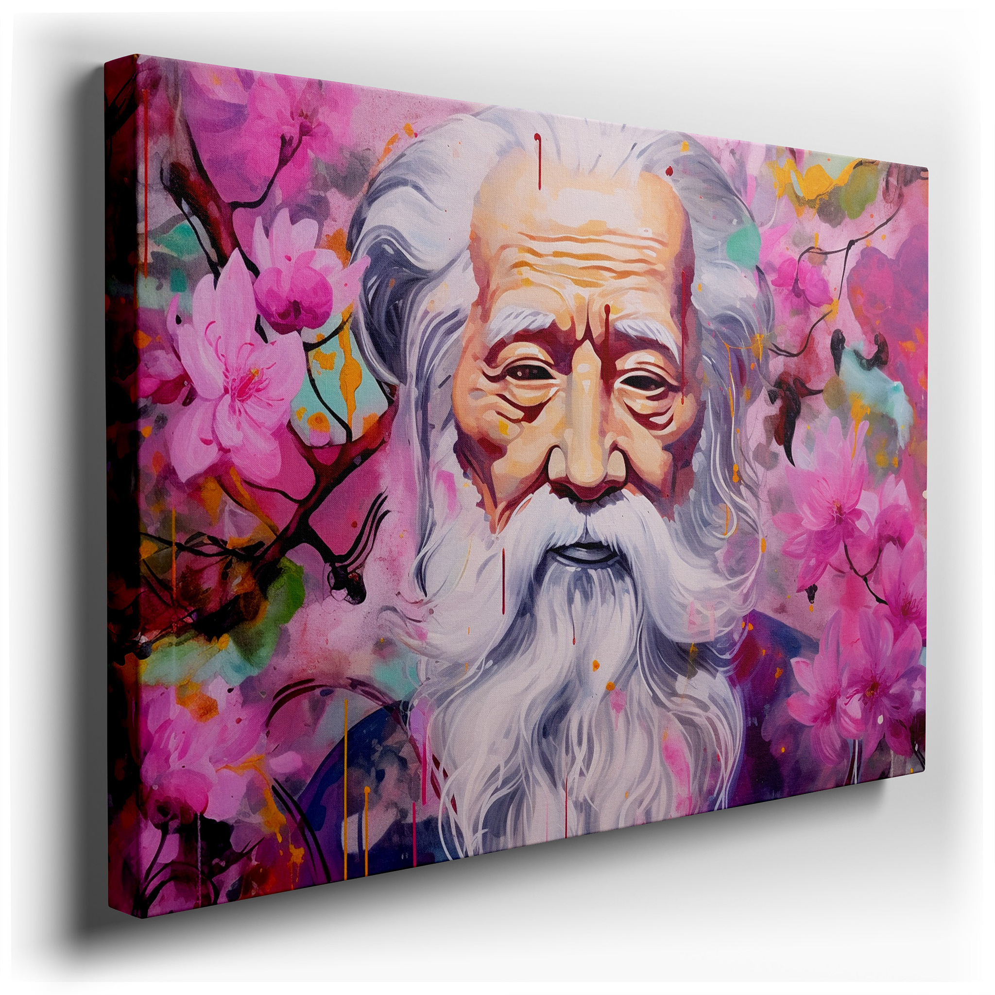 Serene Wisdom and Vibrant Blossoms Surround an Elderly Man: Large Wall Art, Canvas Wall Art, Wall Decor for Office and