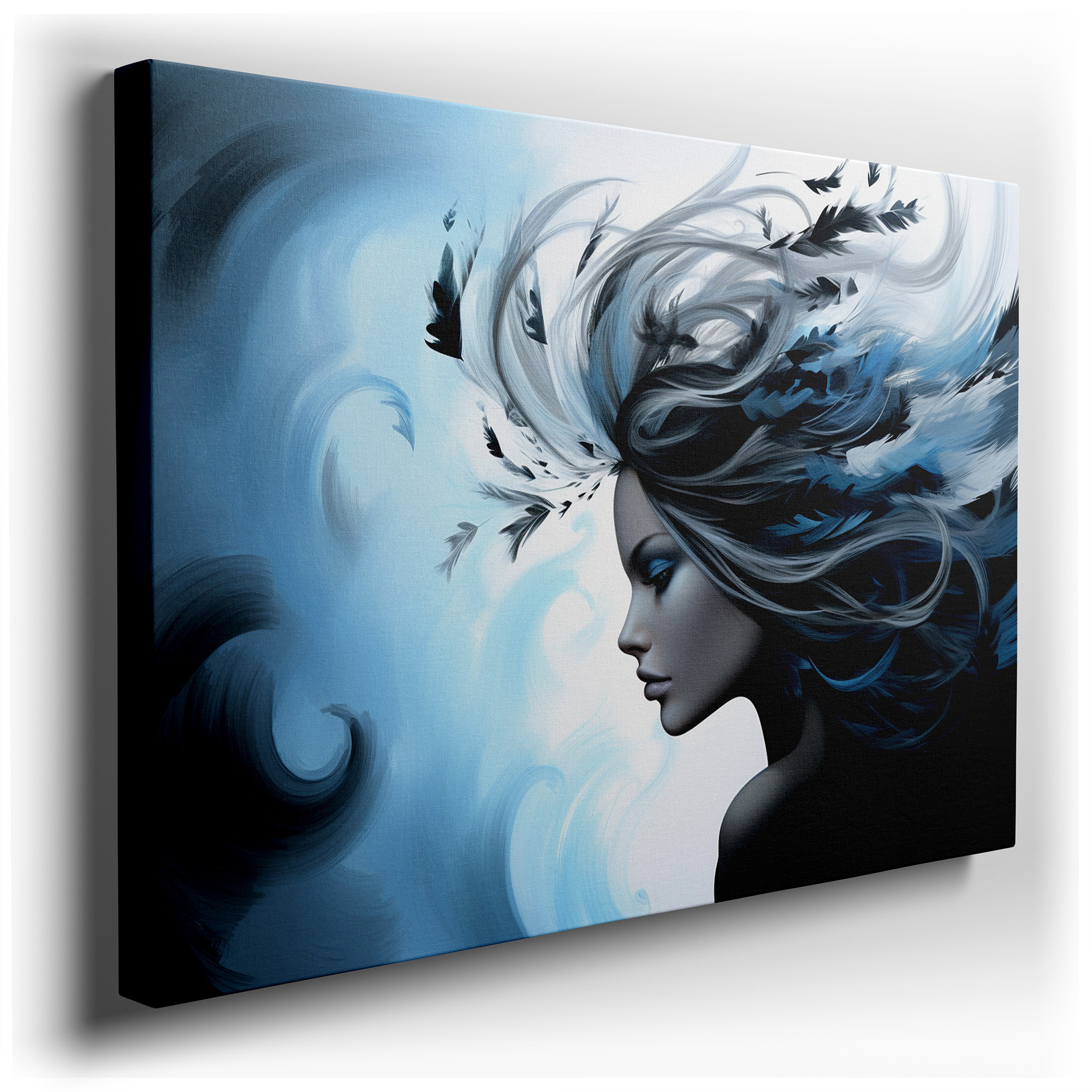 Serene Woman Caressed by Breeze, Symphony of Calm Blues and Soft Whispers, Large Canvas Wall Art for Office and Bedroom