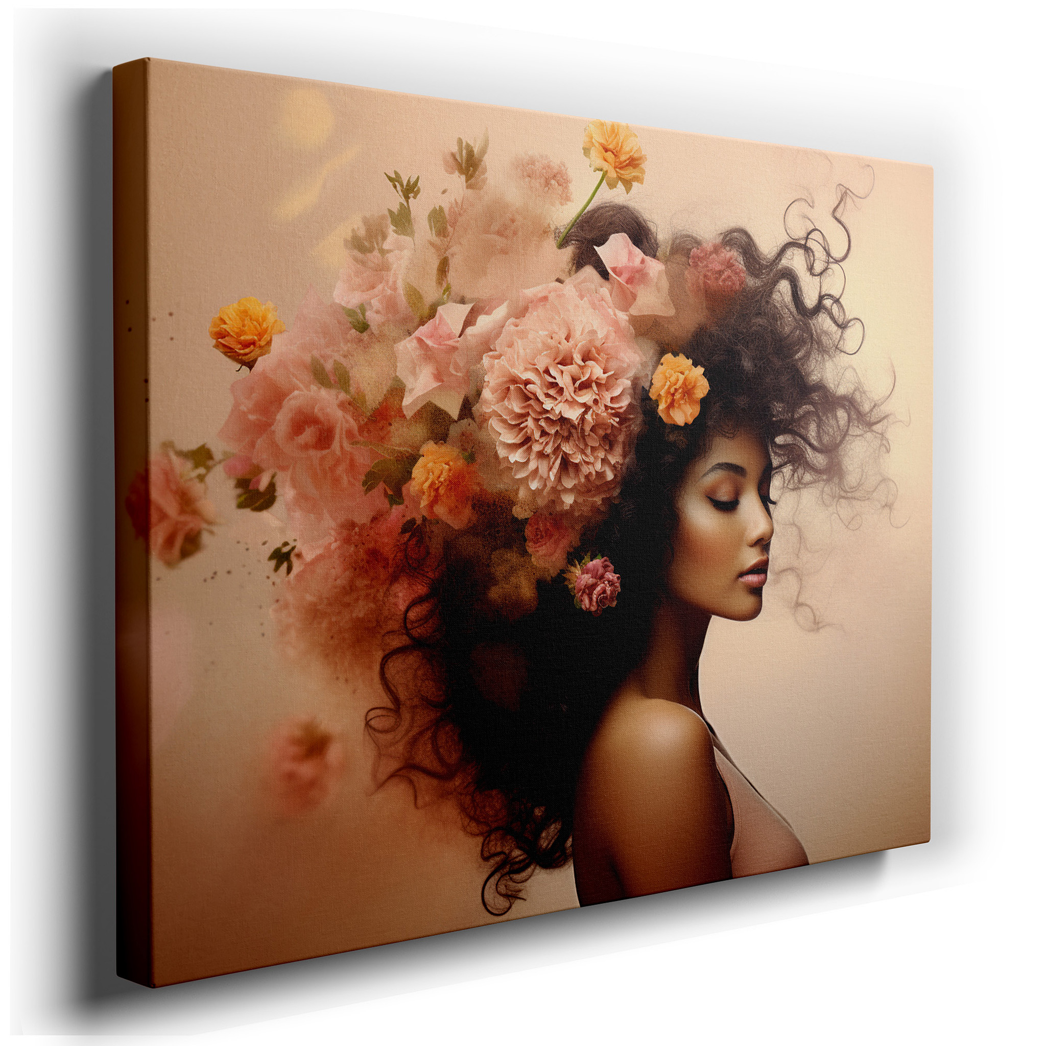 Serene Woman Embellished with Colorful Floral Arrangement, A Blend of Nature and Creativity Large Wa