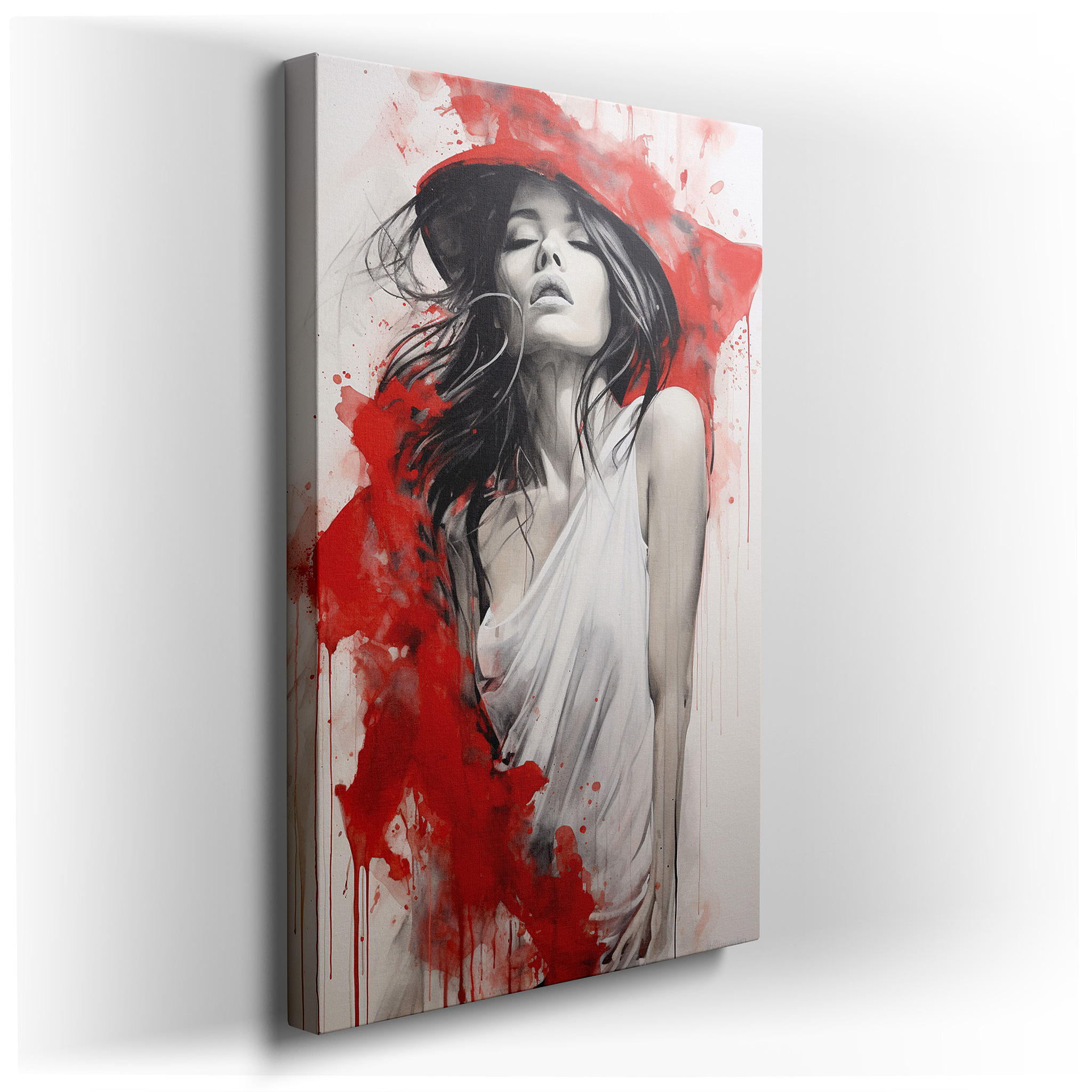 Serene Woman in White Against Striking Red Background, A Captivating Blend of Peace and Chaos, Large Wall Art, Canvas