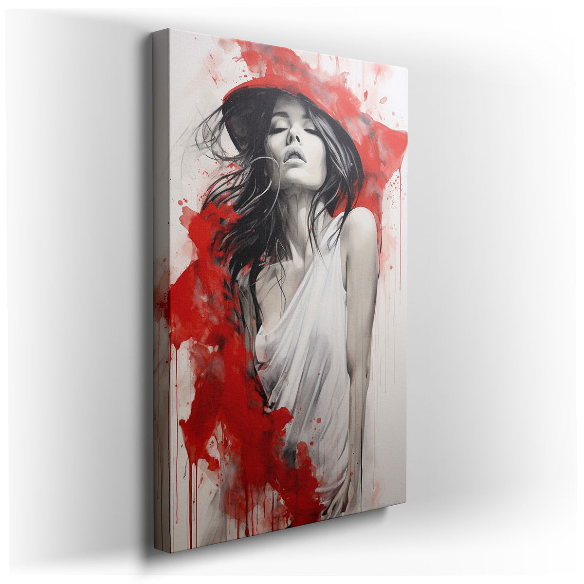 Woman in White Against Red - Captivating Blend - Canvas Wall Art