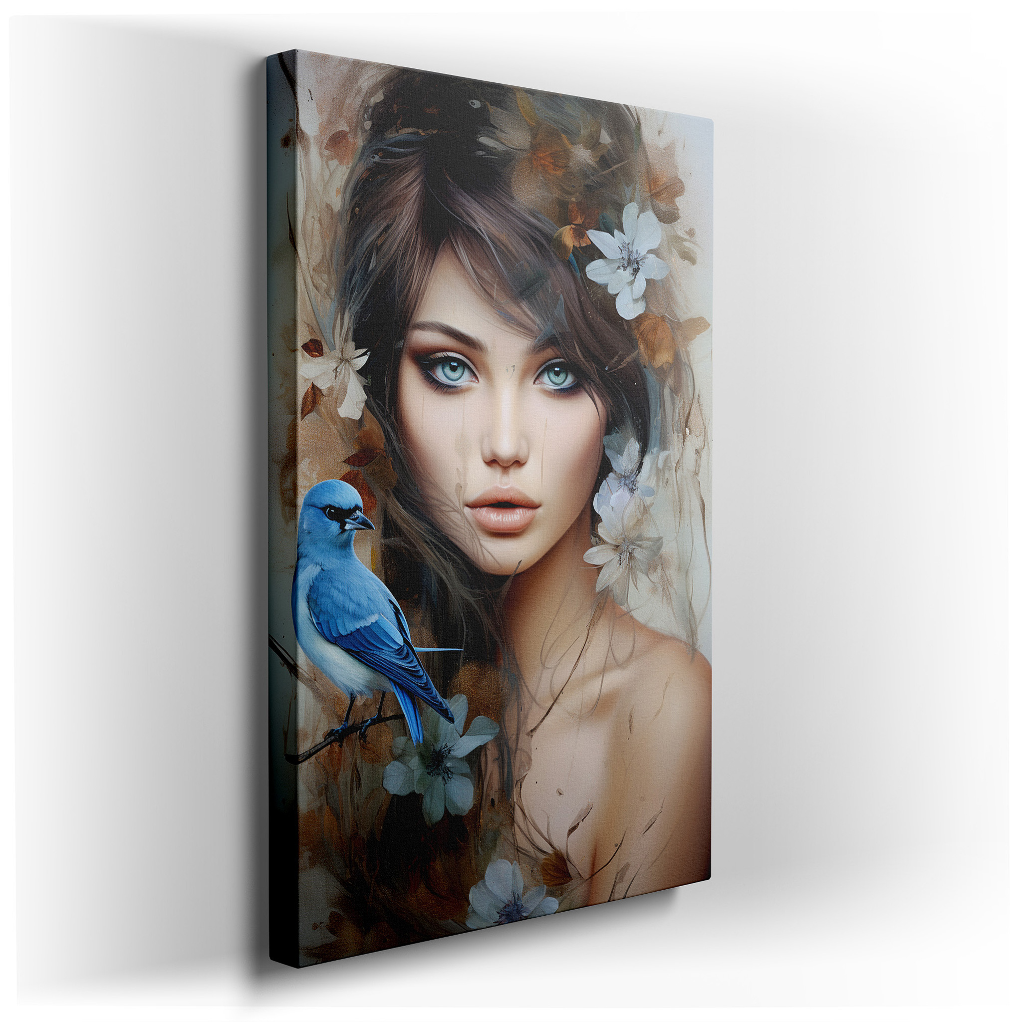 Serene Woman Surrounded by Lively Birds and Blossoms - A Harmonious Blend of Nature and Humanity, Large Wall Art,