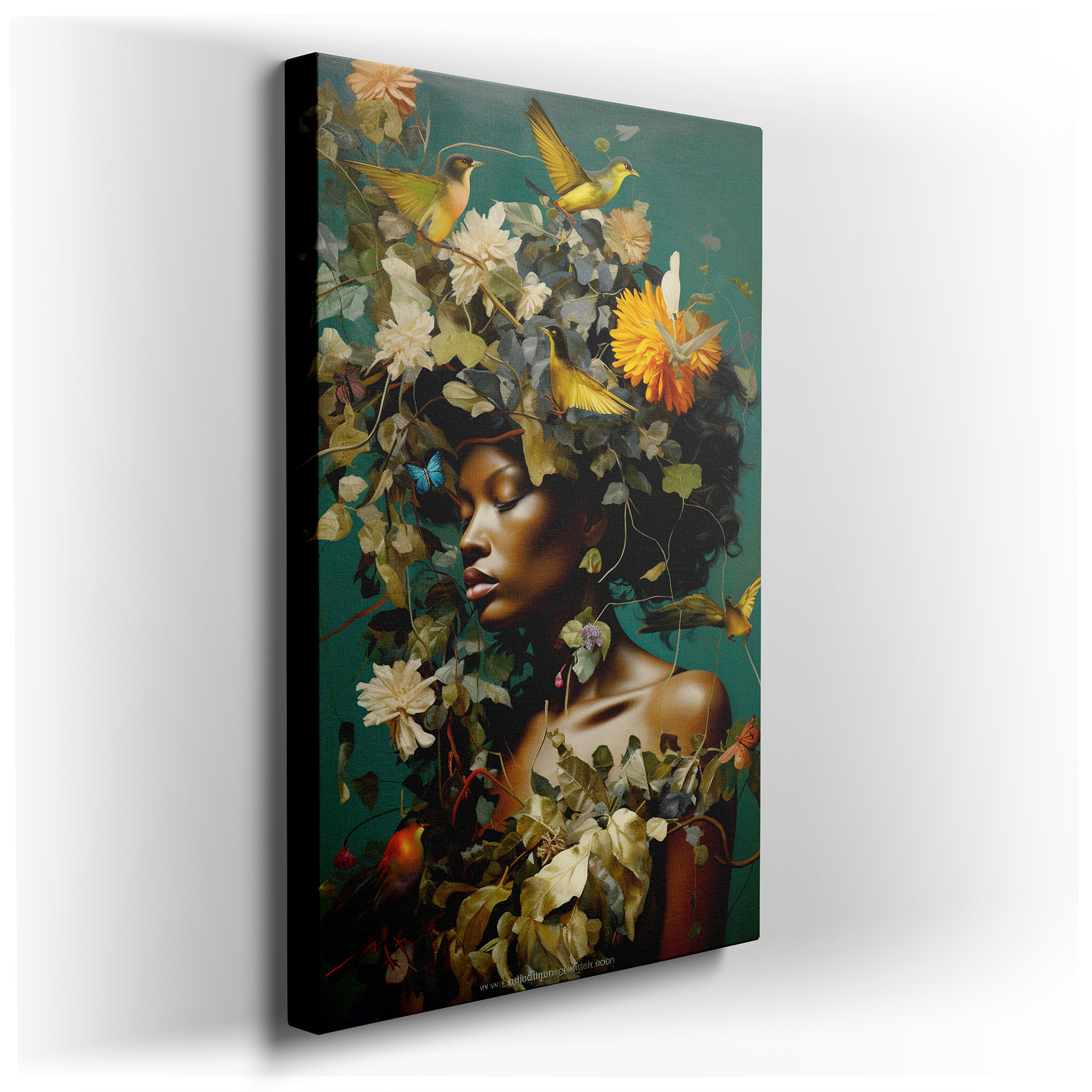 Serene Woman with Floral Crown and Birds: A Symphony of Nature and Humanity - Large Canvas Wall Art for Home and Office