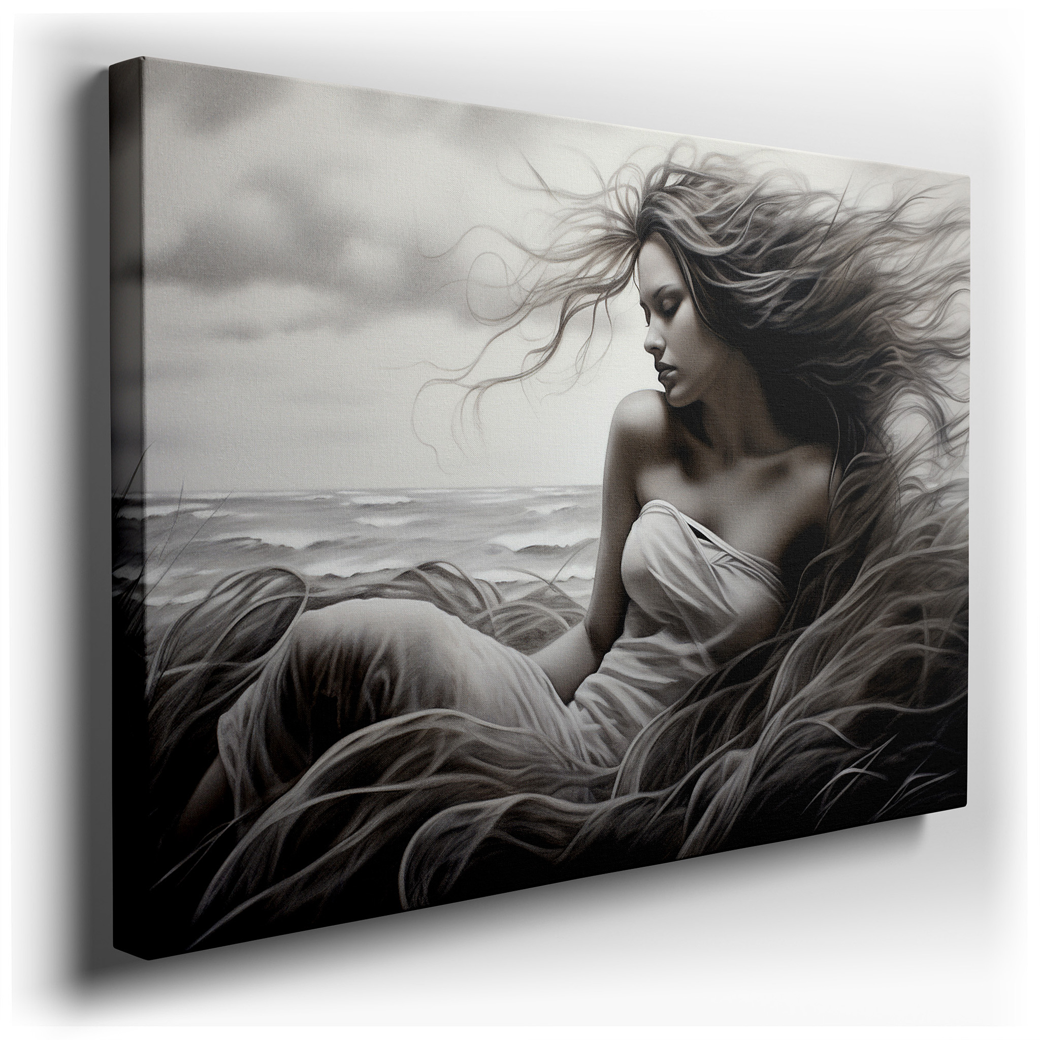 Serene Woman with Flowy Hair in Calm Pastels Large Canvas Wall Art for Office Decor wrapped canvas - main product photo