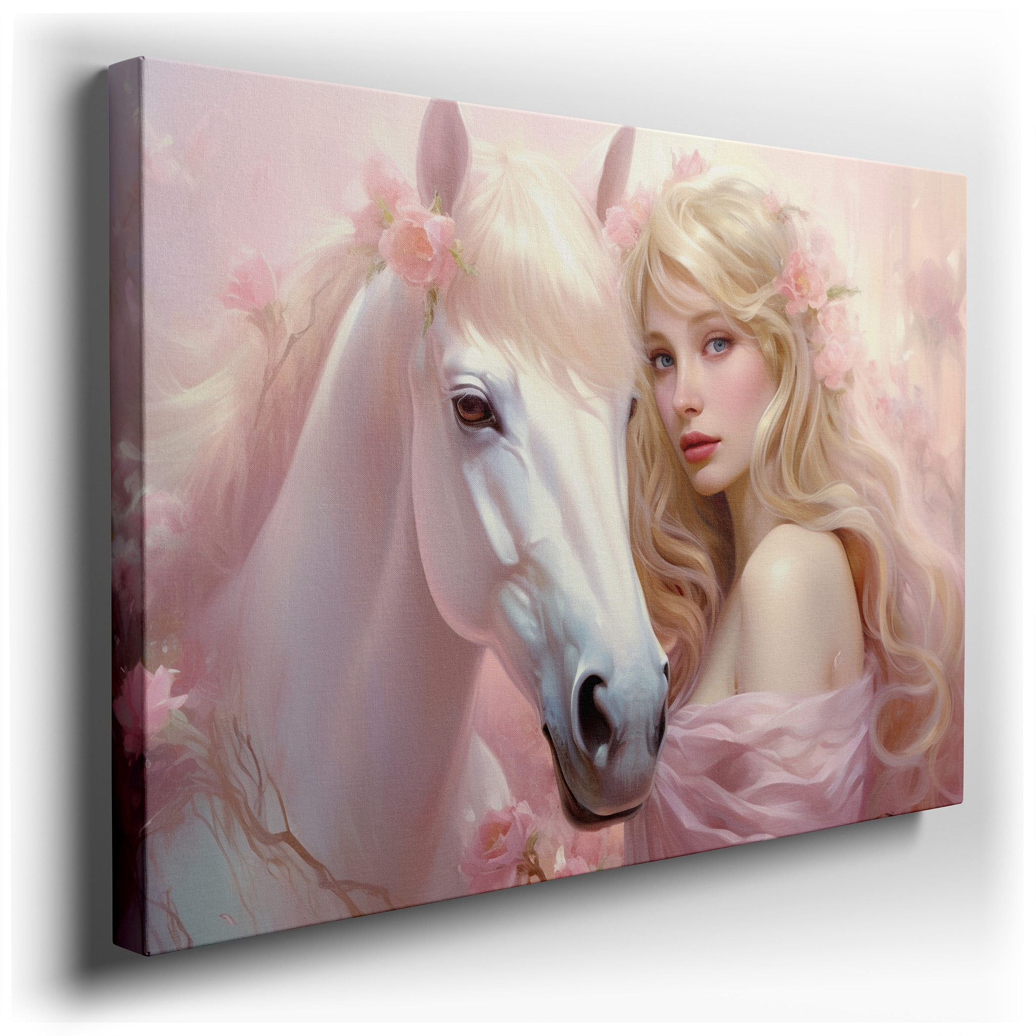 Serene Woman with Majestic White Horse in a Dreamy Pastel Landscape - Large Canvas Wall Art for Office and Bedroom