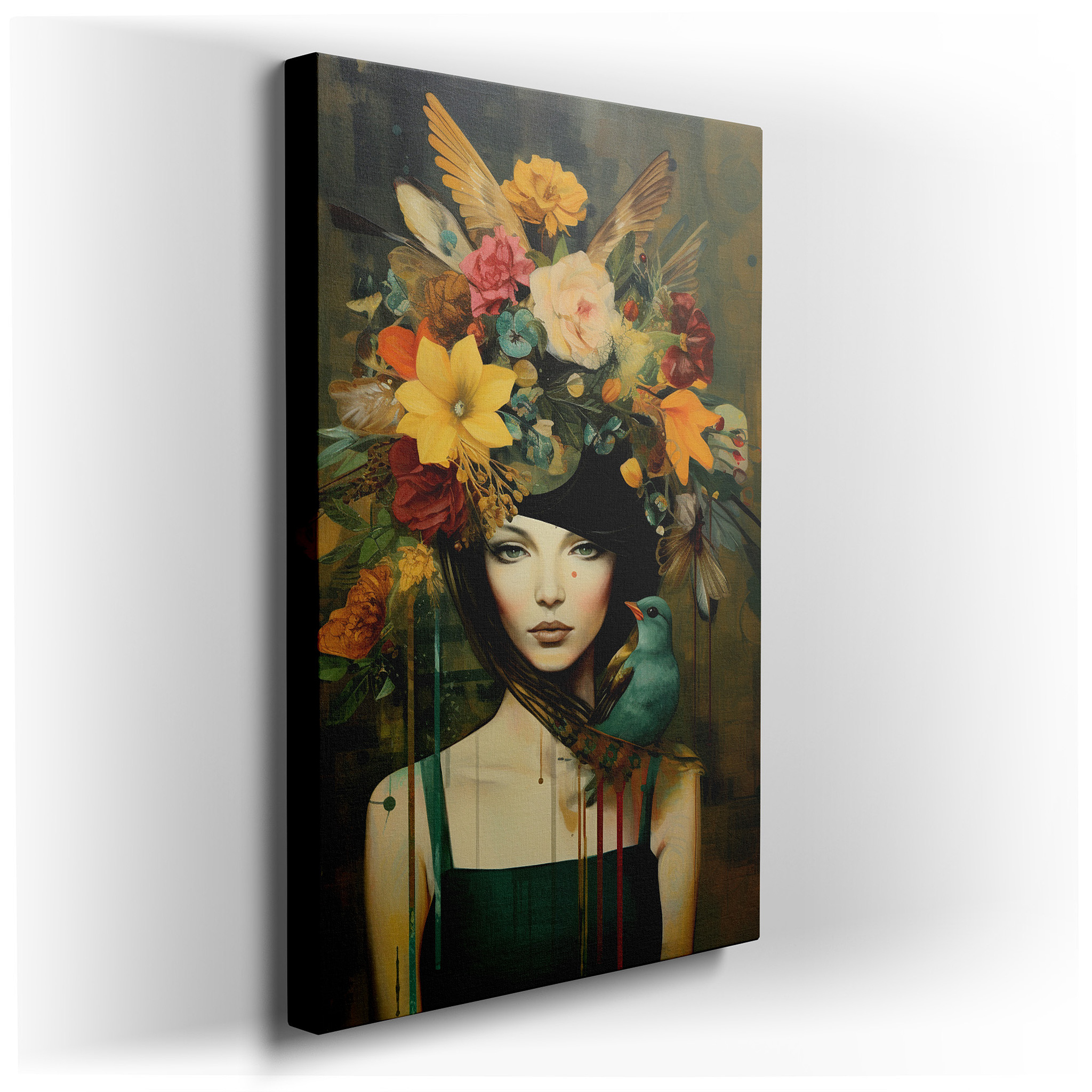 Serene Woman with Vibrant Flowers and a Delicate Bird, Representing Harmony with Nature - Large Canvas Wall Art for