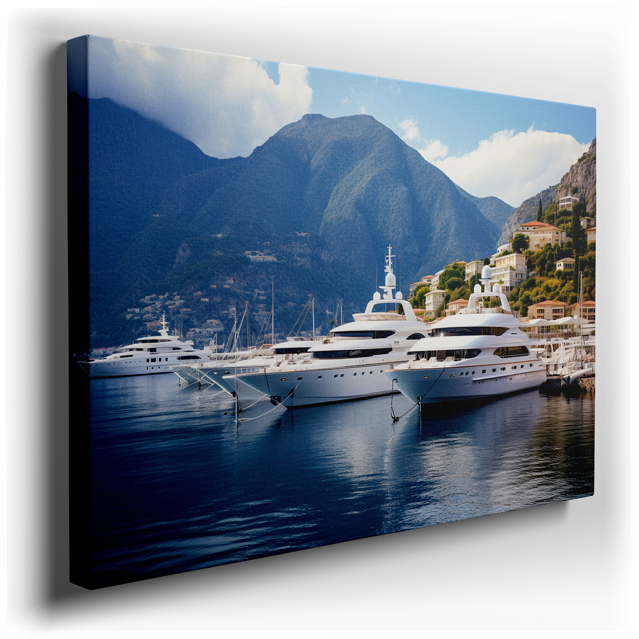 Serene Yacht Harbor Elegance with Majestic Mountains and Tranquil Blue Skies - Large Canvas Wall Art for Office Decor