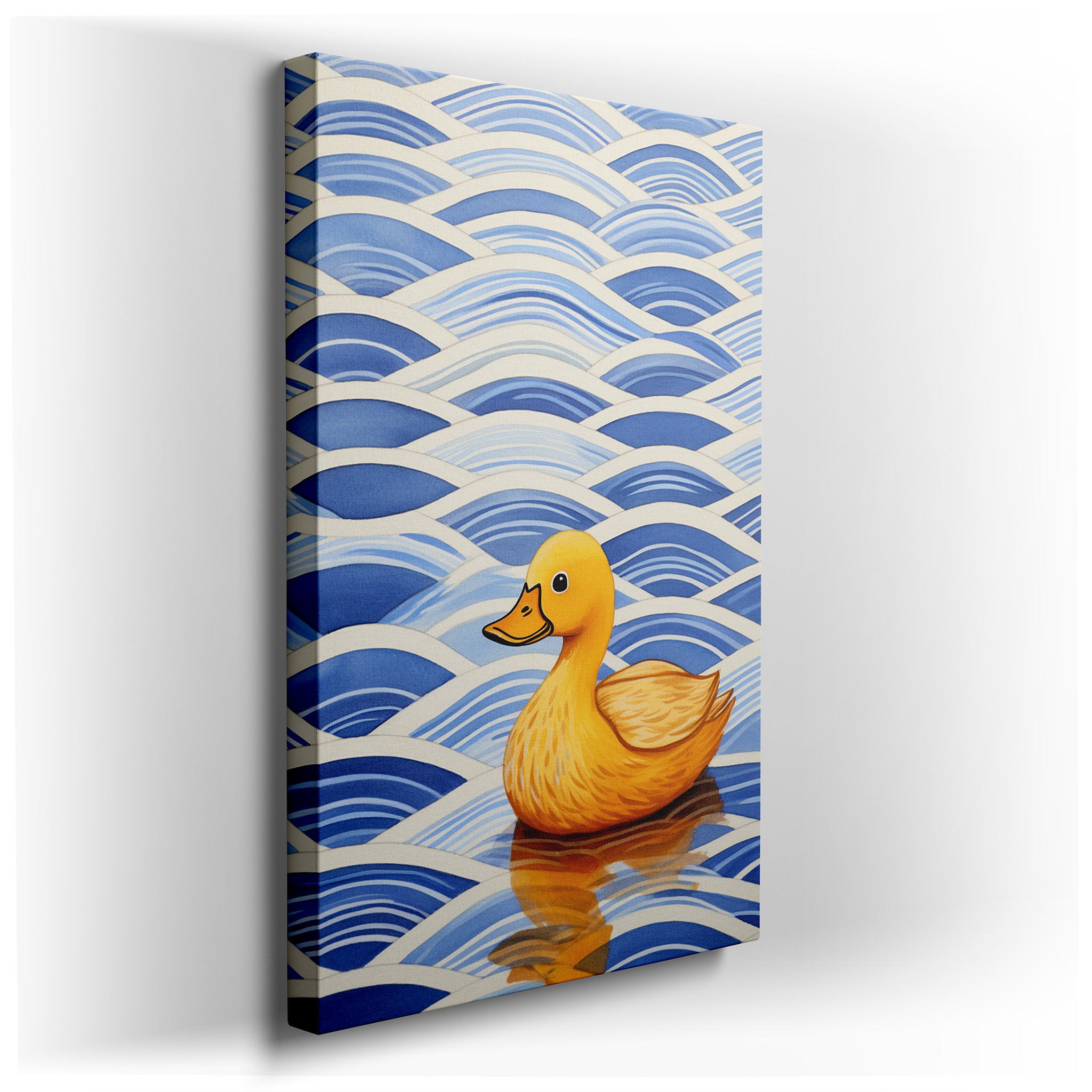 Serene Yellow Duck on Peaceful Blue Waters, Emblem of Joy and Serenity, Large Canvas Wall Art for Home and Office Decor