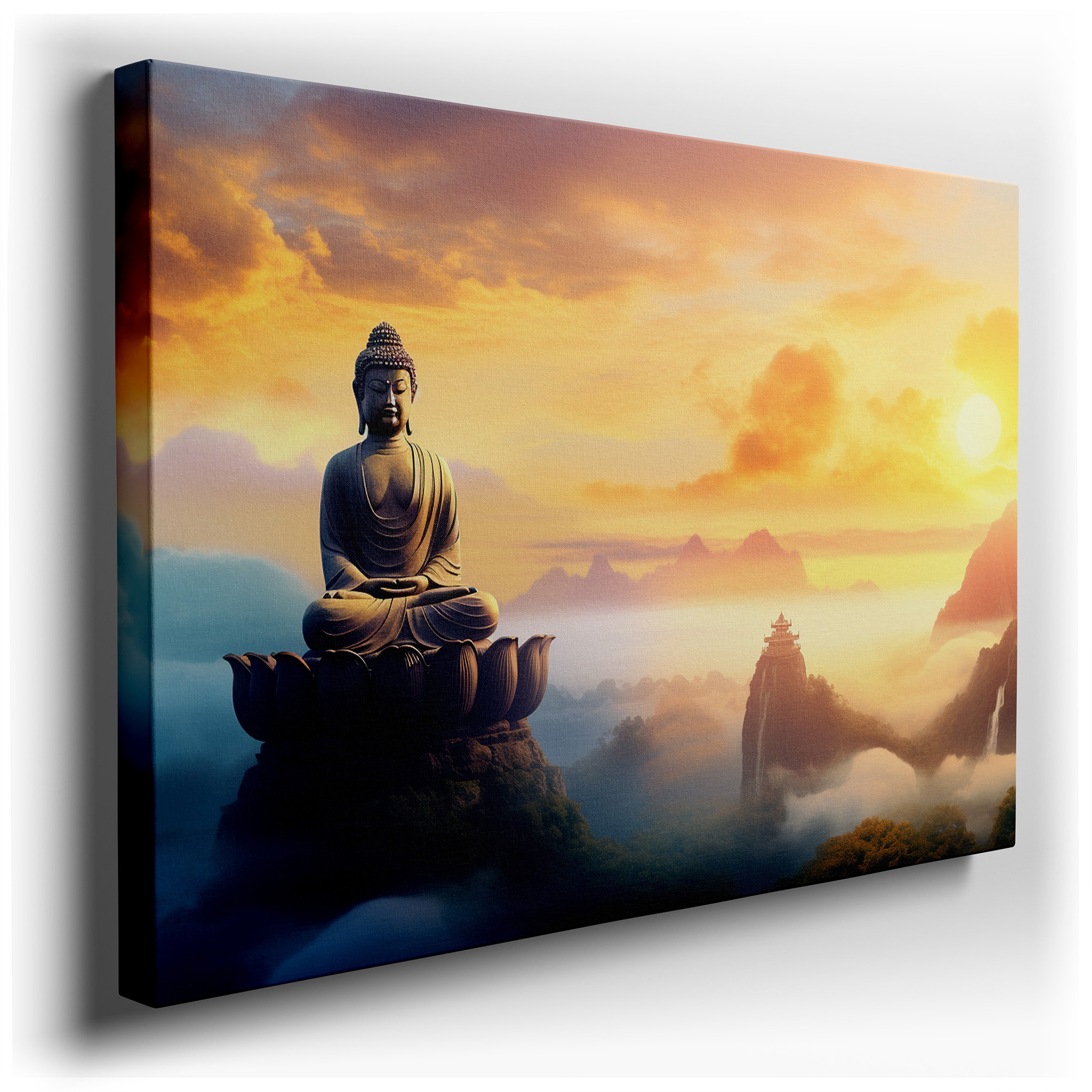 Serenity and Majesty - Buddha at Dawn Amidst Misty Mountains: Large Canvas Wall Art for Office, Bedroom, and Living