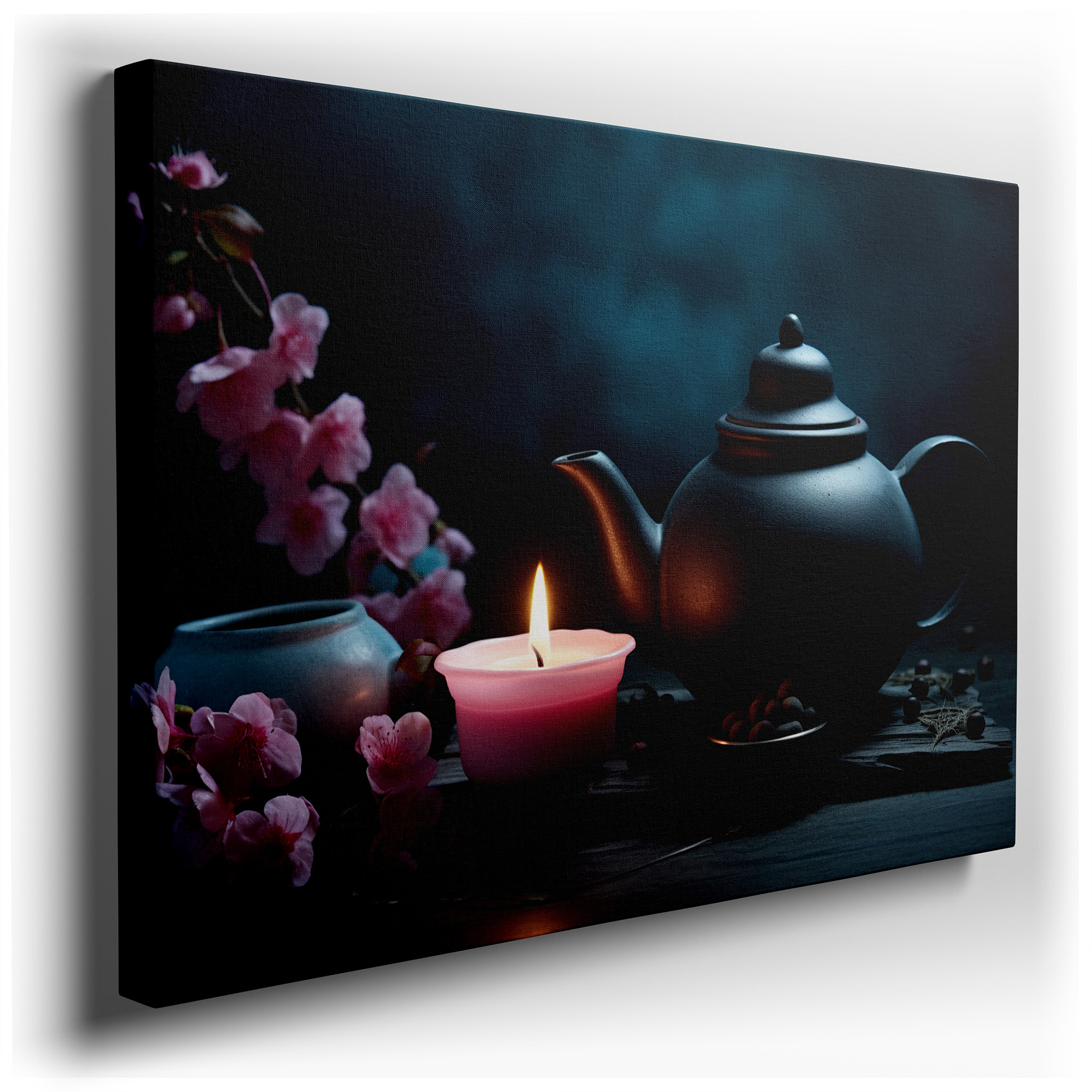 Serenity in Still Life: Black Teapot, Candle Glow, and Cherry Blossoms - Large Canvas Wall Art for Office and Bedroom