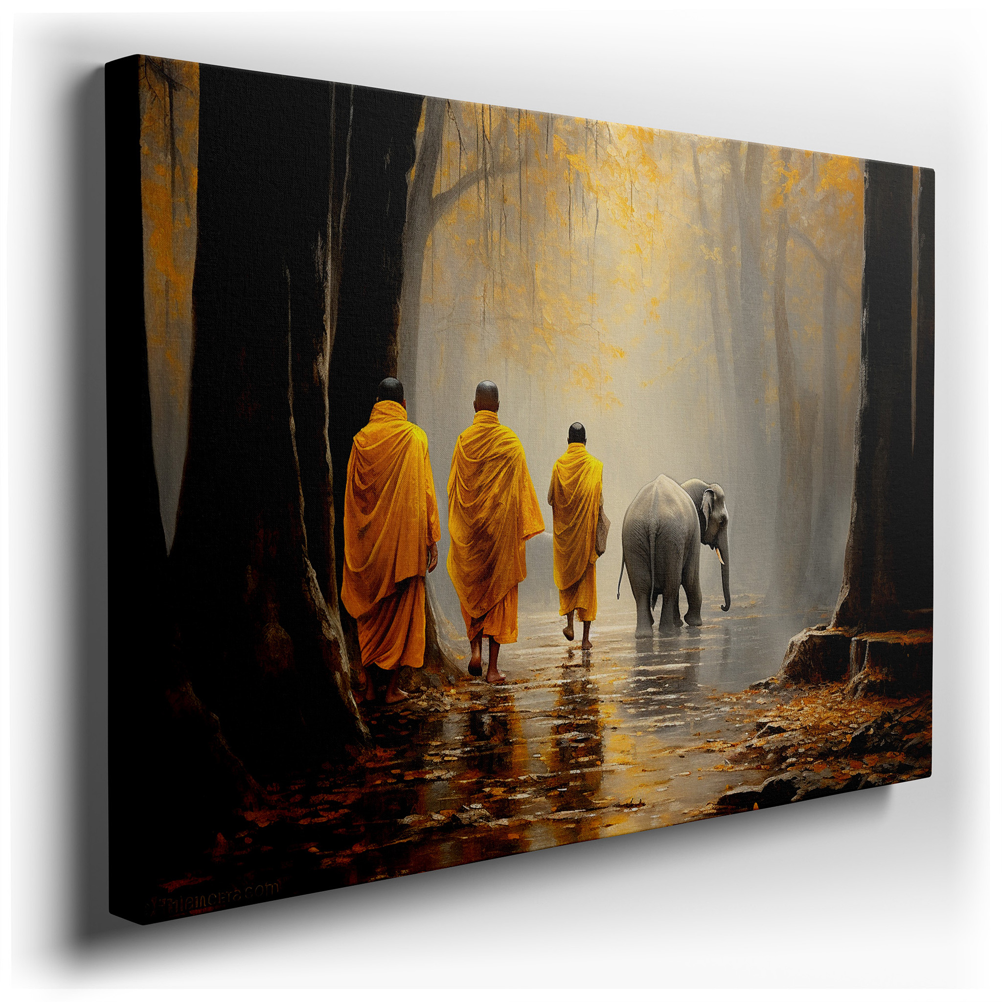 Serenity in the Mist: Monks and Elephant in Autumn Glow - Large Canvas Wall Art for Office, Bedroom, and Living Room