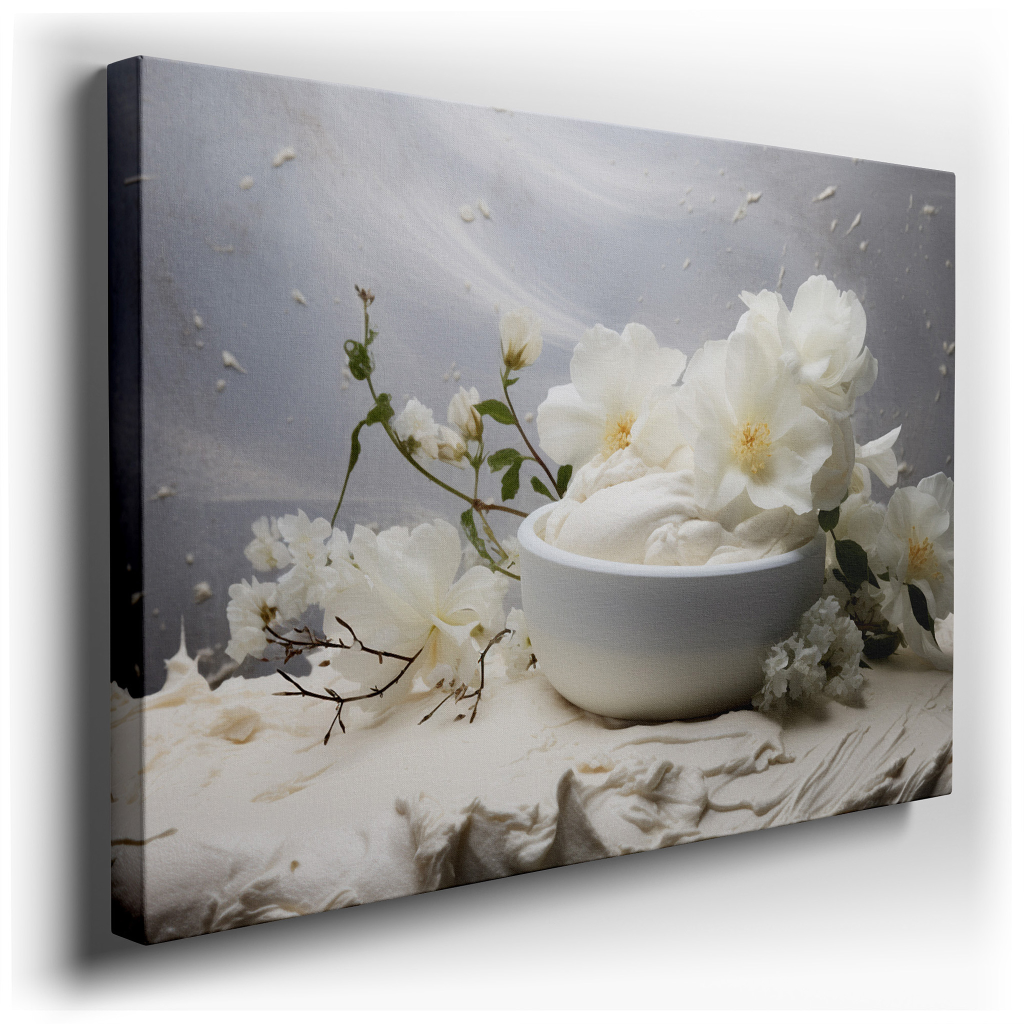 Serenity in White - Delicate Flowers in a Creamy Bowl, Tranquil Monochromatic Masterpiece, Large Canvas Wall Art for
