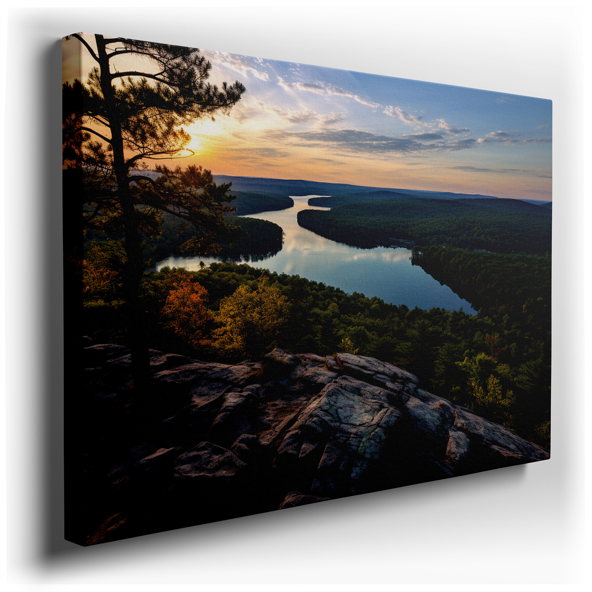 Serpentine River Sunset, Surrounded by Dense Forests and Bright Skies, Large Canvas Wall Art for Office and Bedroom