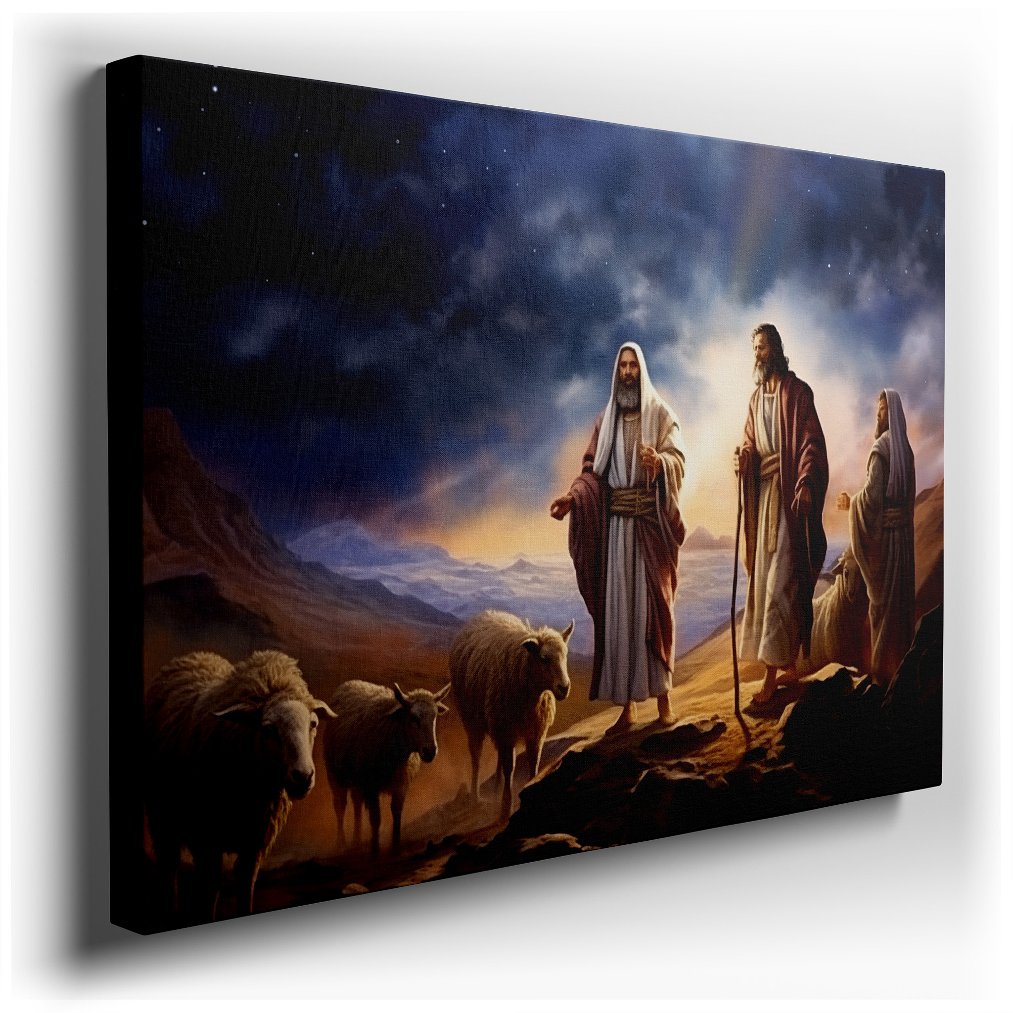 Shepherd's Guidance in a Twilight Valley Wall Art: Serene Landscape of Companionship and Wisdom - Large Canvas Wall Art