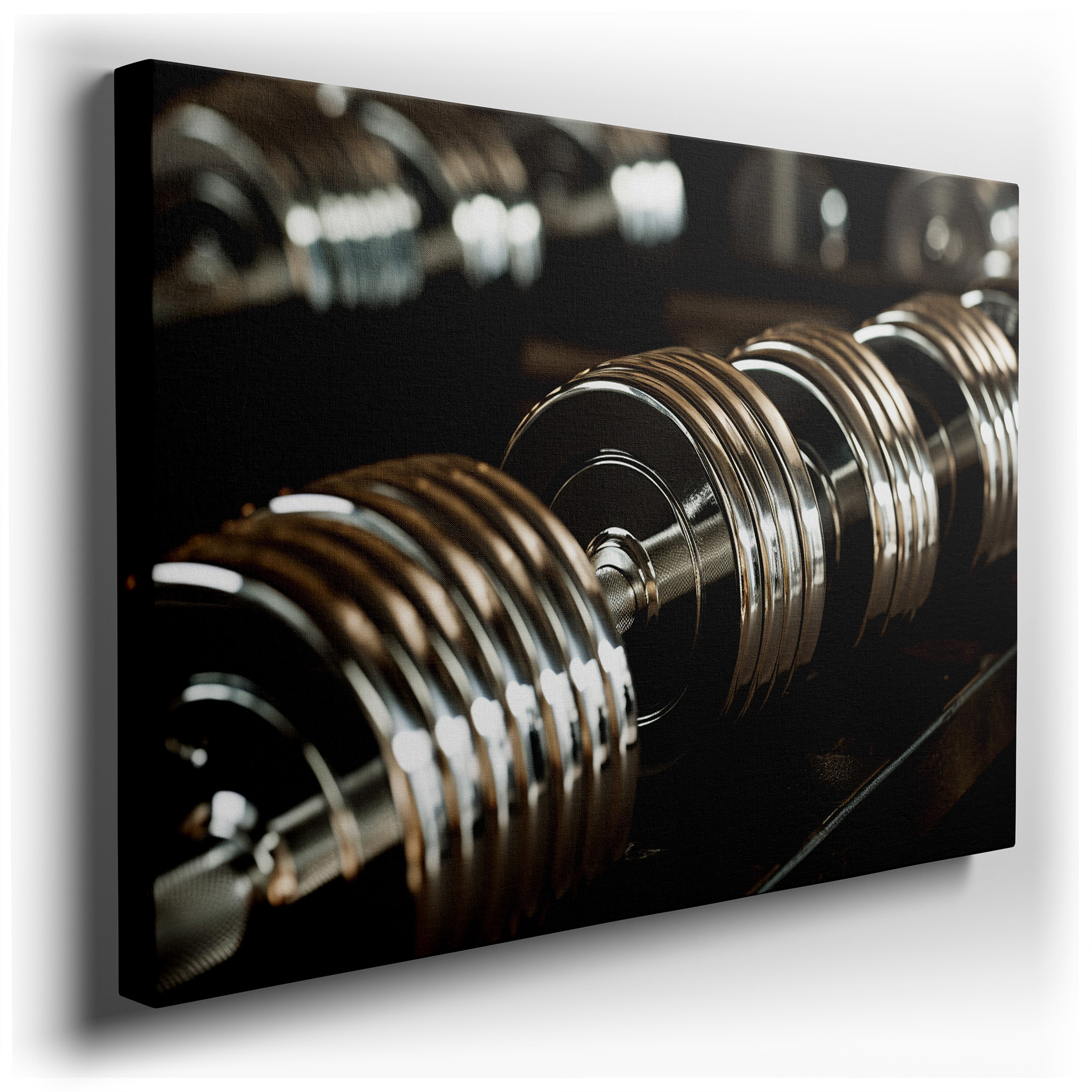 Shiny Dumbbells Showcased - Emblematic of Discipline and Advancement in Fitness, Large Wall Art, Canvas Wall Art, Wall