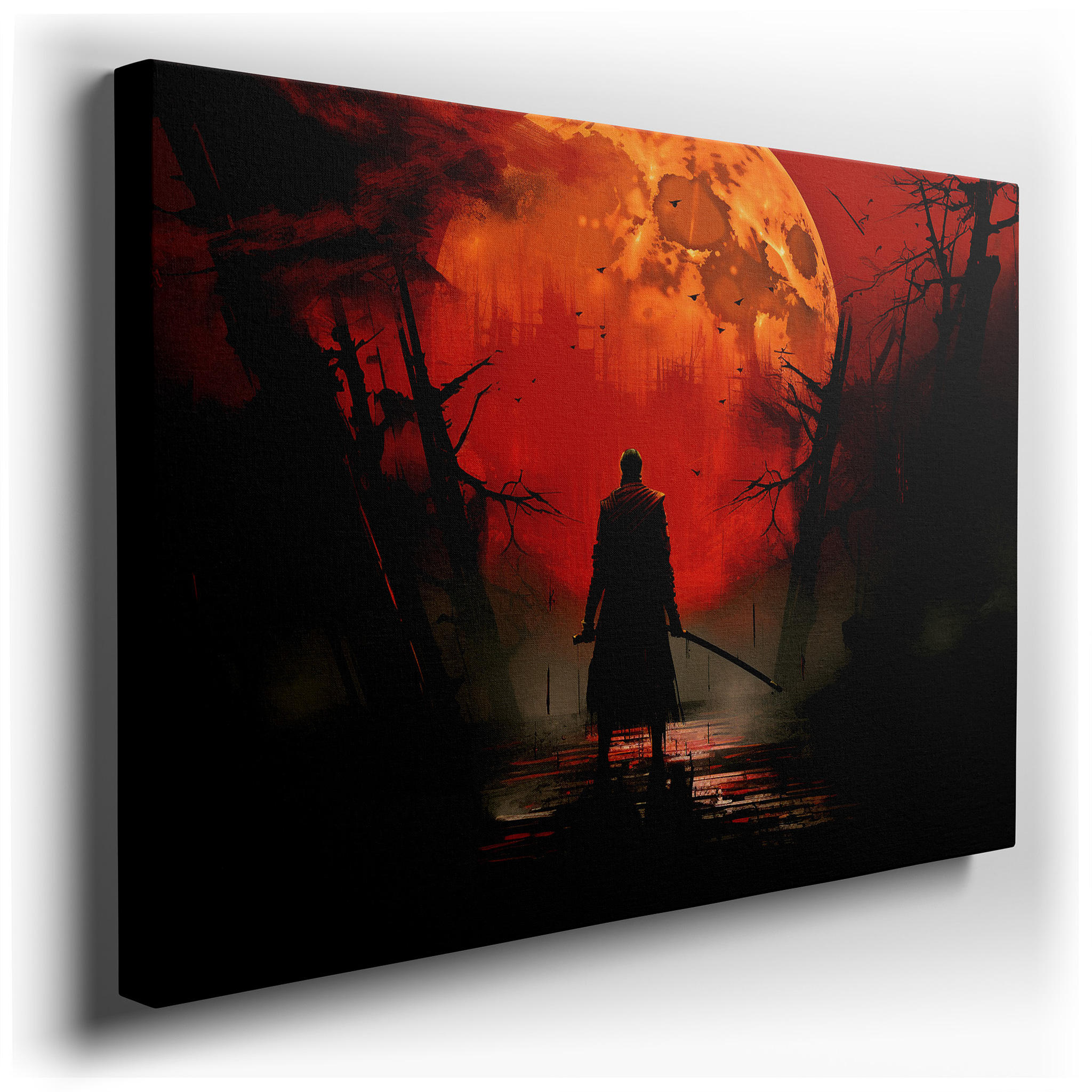 Silhouetted Figure Against a Red Moon in a Haunting, Shadowy Landscape: Large Canvas Wall Art for Office and Bedroom