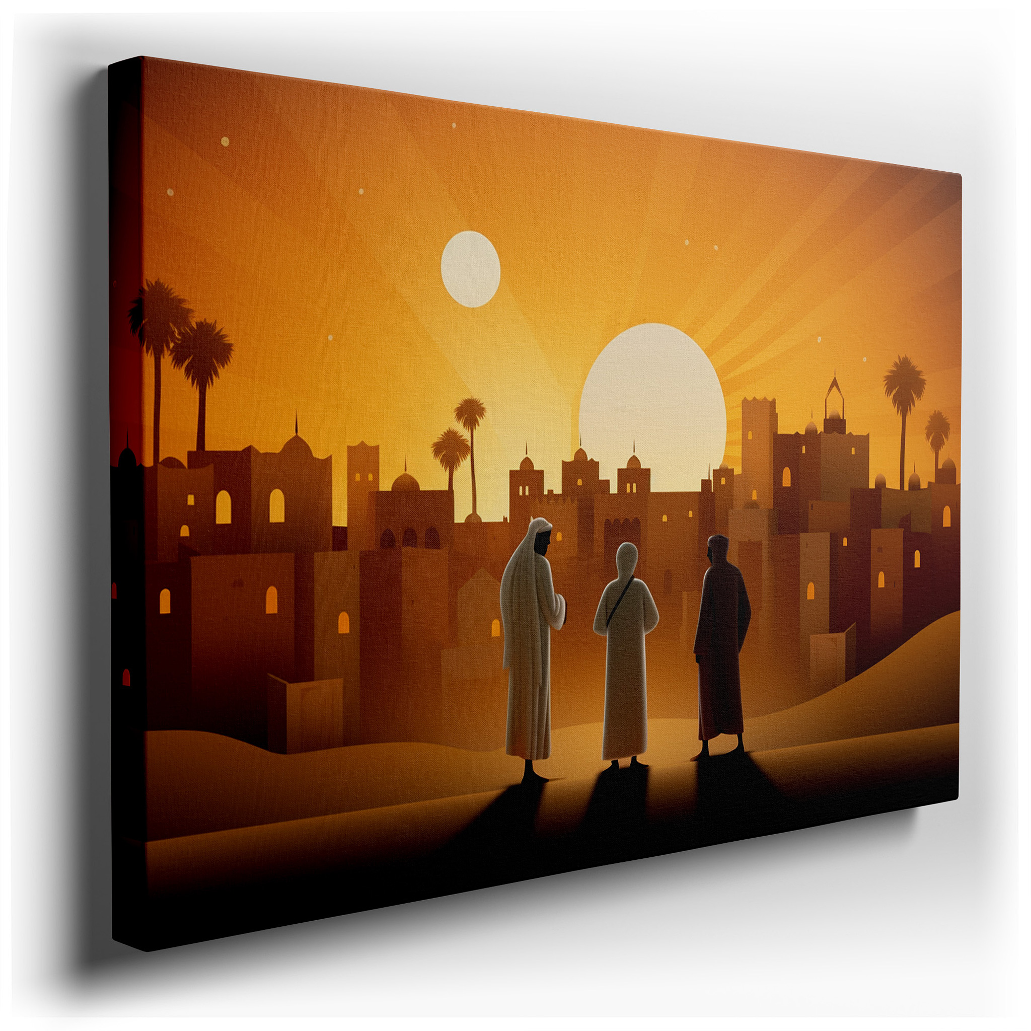 Silhouetted Figures Gazing at an Ancient City at Sunset: A Mysterious and Historical Tapestry - Large Canvas Wall Art