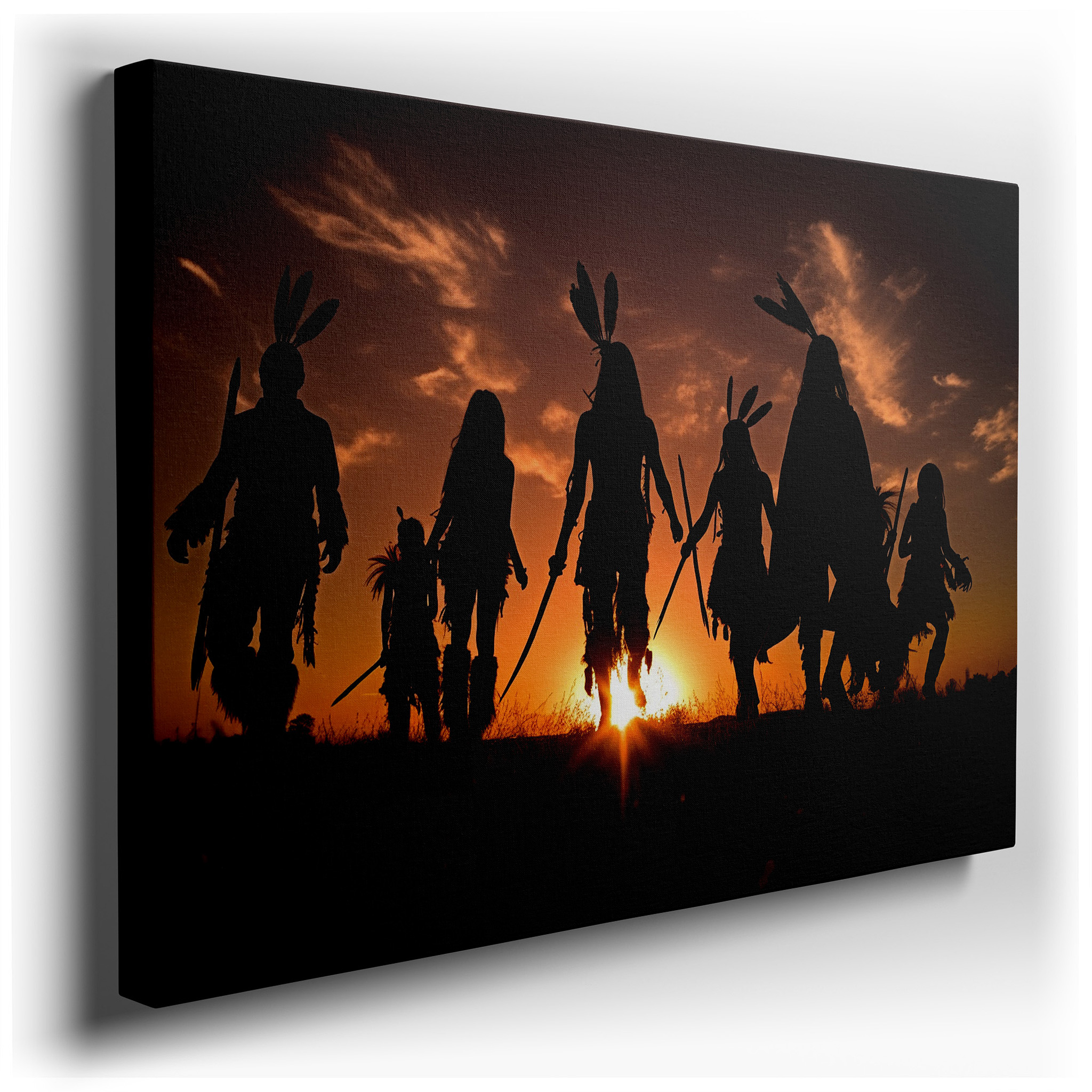 Silhouettes Dancing Against a Fiery Sunset: A Celebration of Unity and Joy - Large Canvas Wall Art for Home and Office
