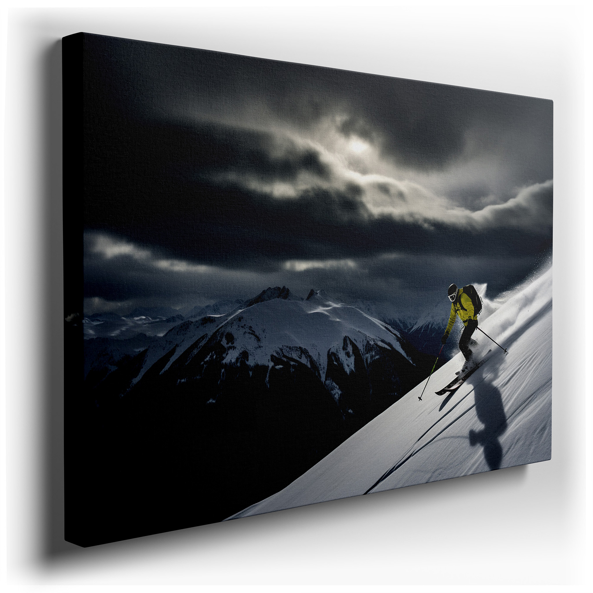 Skier in Action with Majestic Mountains and Dramatic Skies: Large Canvas Wall Art for Office, Bedroom, and Living Room