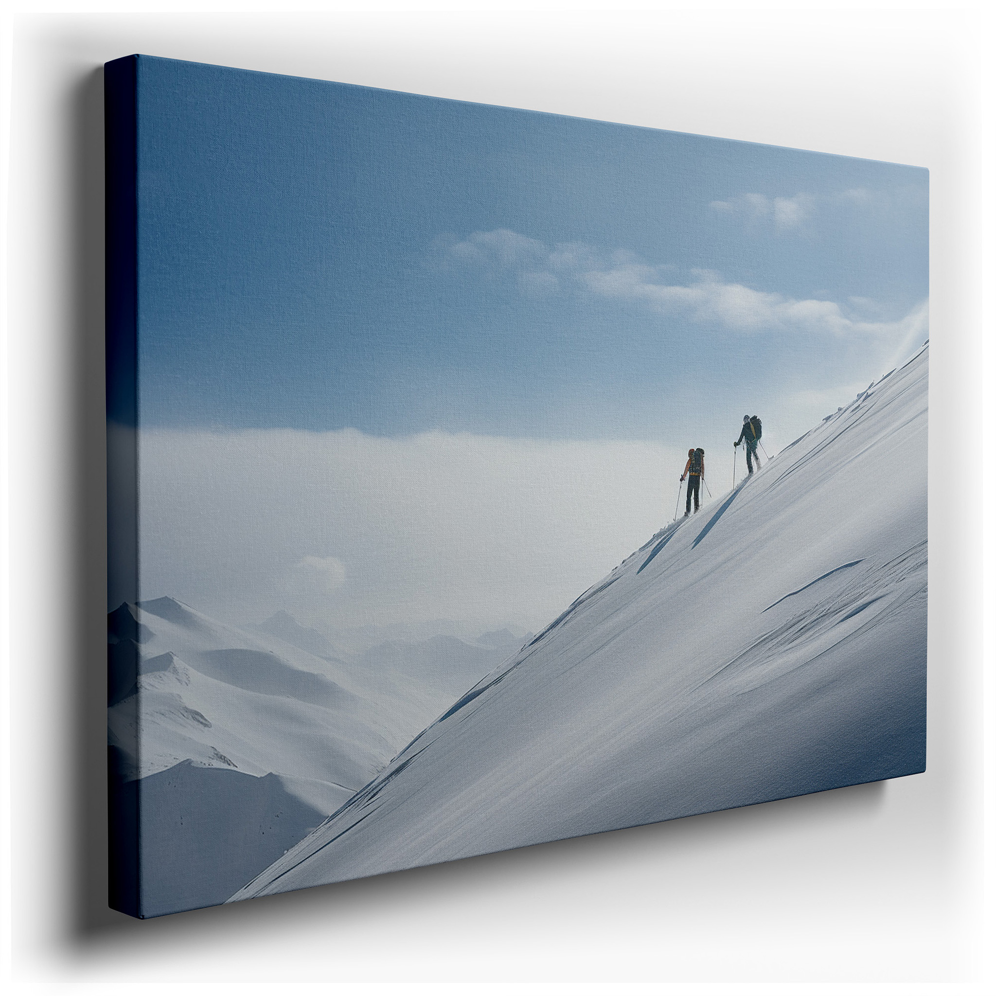Skiers Climb Majestic Mountain Beneath Clear Blue Sky, A Vibrant Tribute to Winter Sports and Resilience, Large Canvas