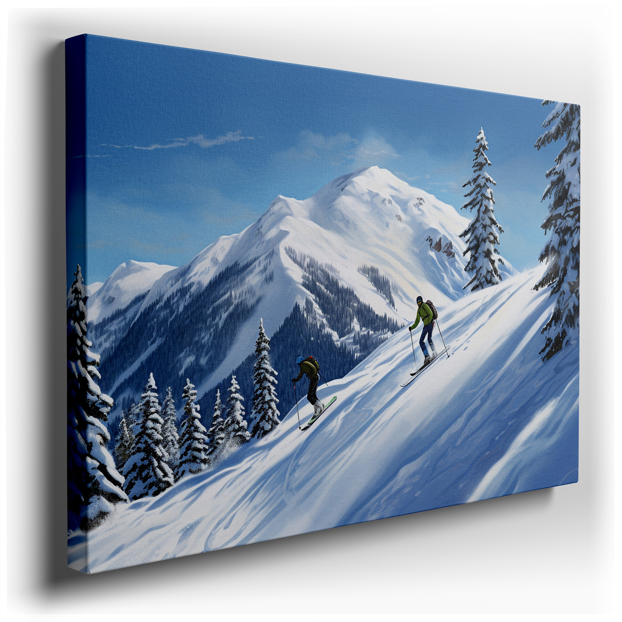 Skiers Traverse Beneath Blue Skies Between Snow - Capped Mountains and Verdant Pines Large Wall Art, Canvas Wall Art,