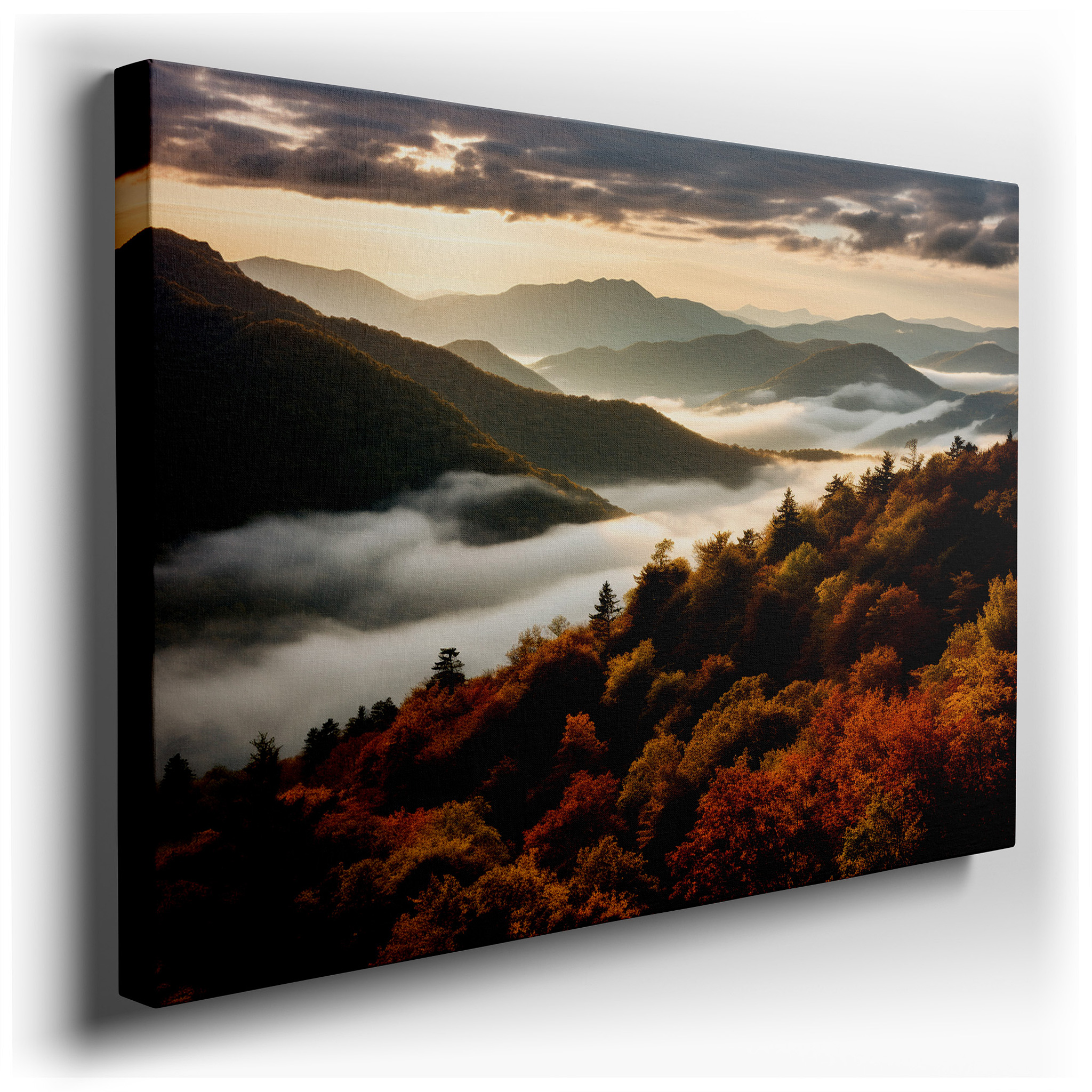 Smoky Mountains at Dawn - Golden Sunrise and Autumn Colors Large Wall Art, Canvas Print, Home and Office Decor wrapped