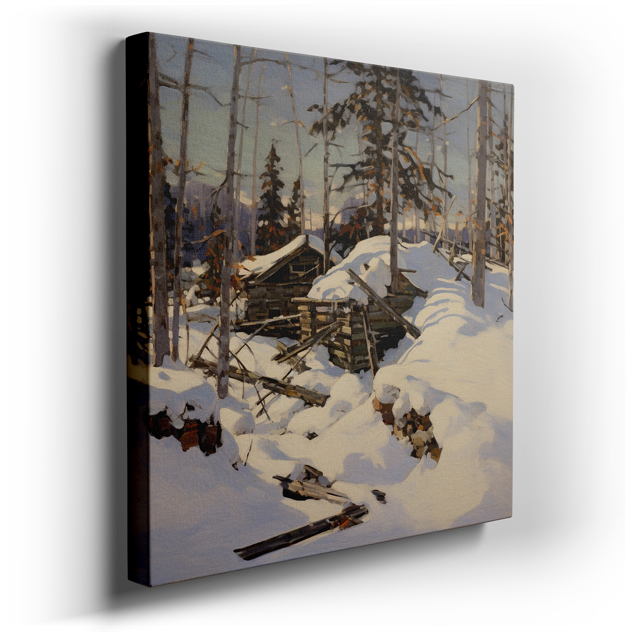 Snow - Covered Cabins in a Quiet Forest - A Mysterious Winter Scene of Desertion and Nature's Endurance, Large Wall