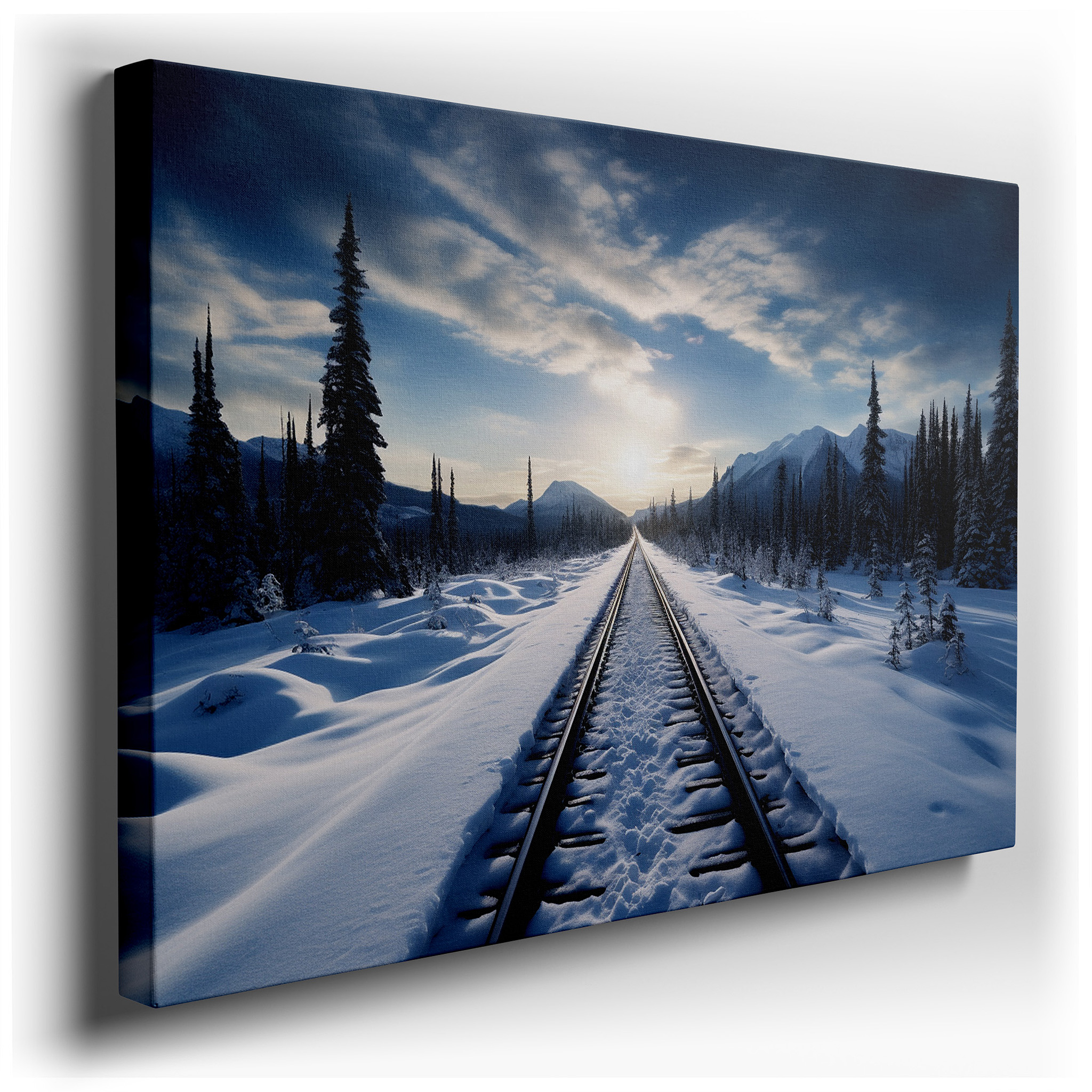 Snow - Covered Train Tracks with Majestic Mountains in a Serene Winter Scene Large Wall Art, Canvas Wall Art, Wall
