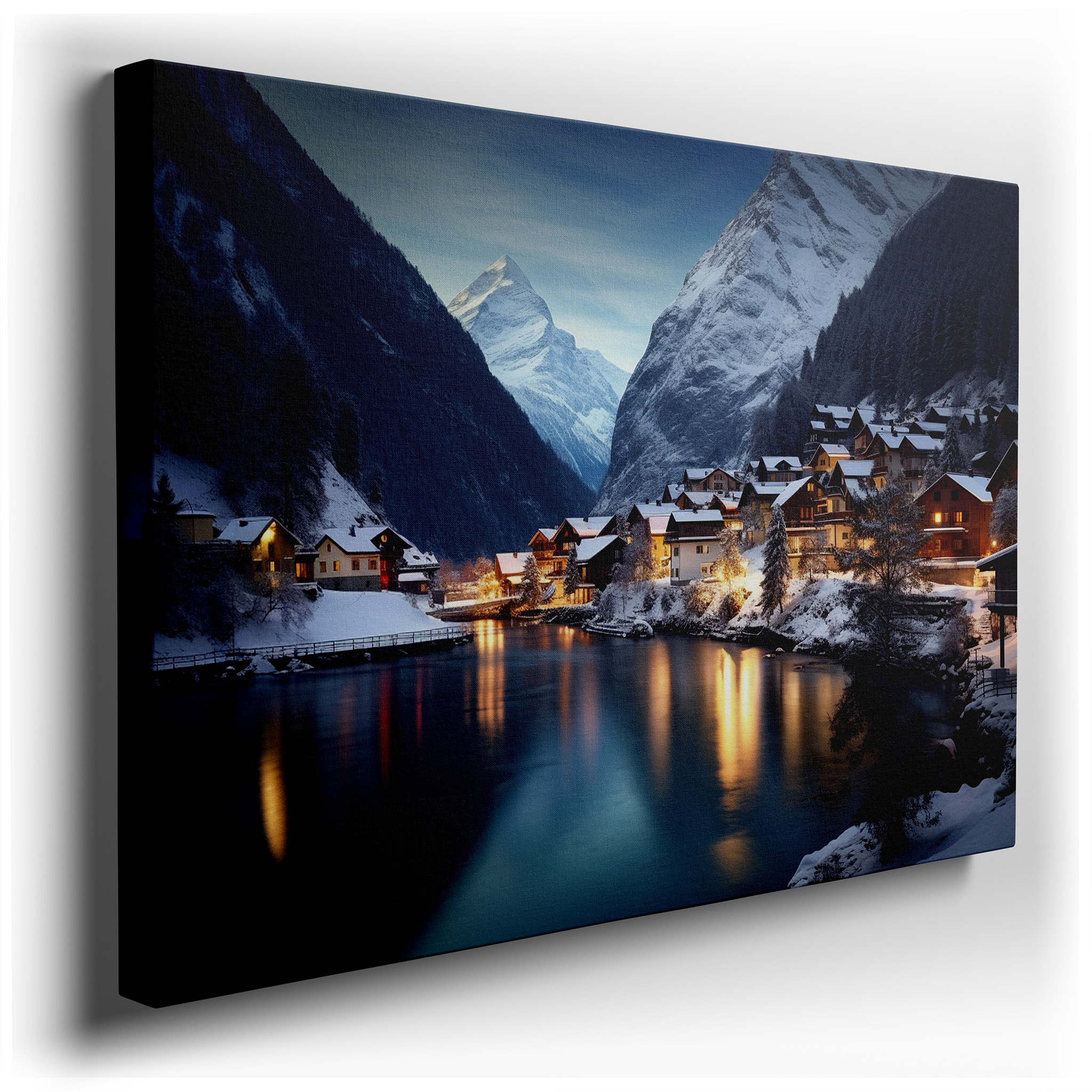 Snow - Covered Village at Twilight Serenity, Surrounded by Majestic Mountains Large Wall Art, Canvas Wall Art, Wall