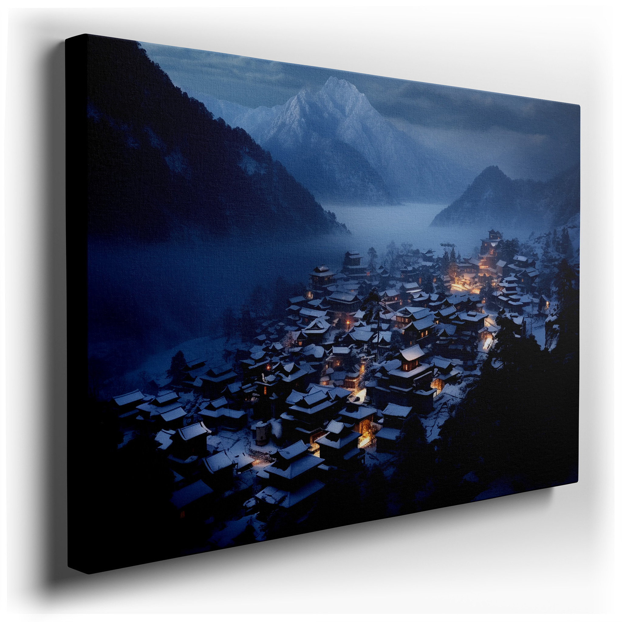 Snowy Serene Mountain Village, Tranquil Night with Warm Glowing Lights, Large Canvas Wall Art for Office and Bedroom