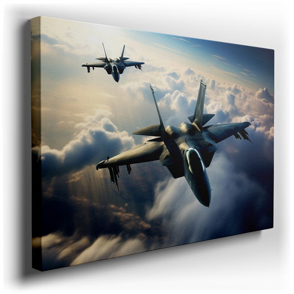 Soaring Jets Among Golden Clouds - Dynamic Blue Canvas Wall Art