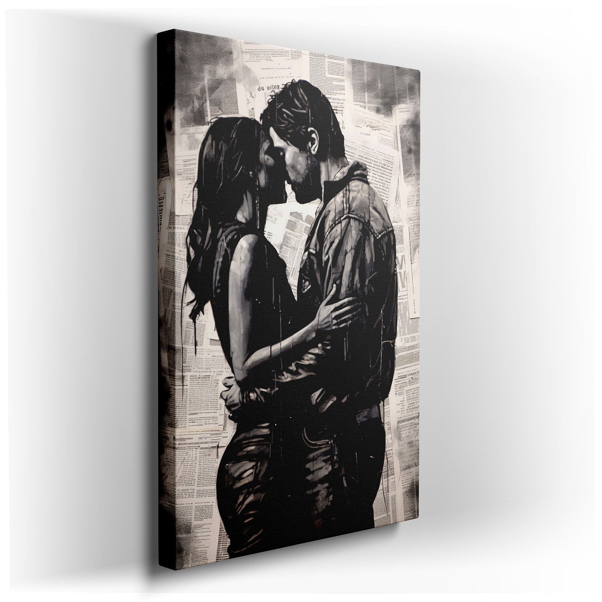 Societal Chaos and Intimate Embrace - A Monochrome Masterpiece Depicting Love and Resilience, Large Wall Art, Canvas