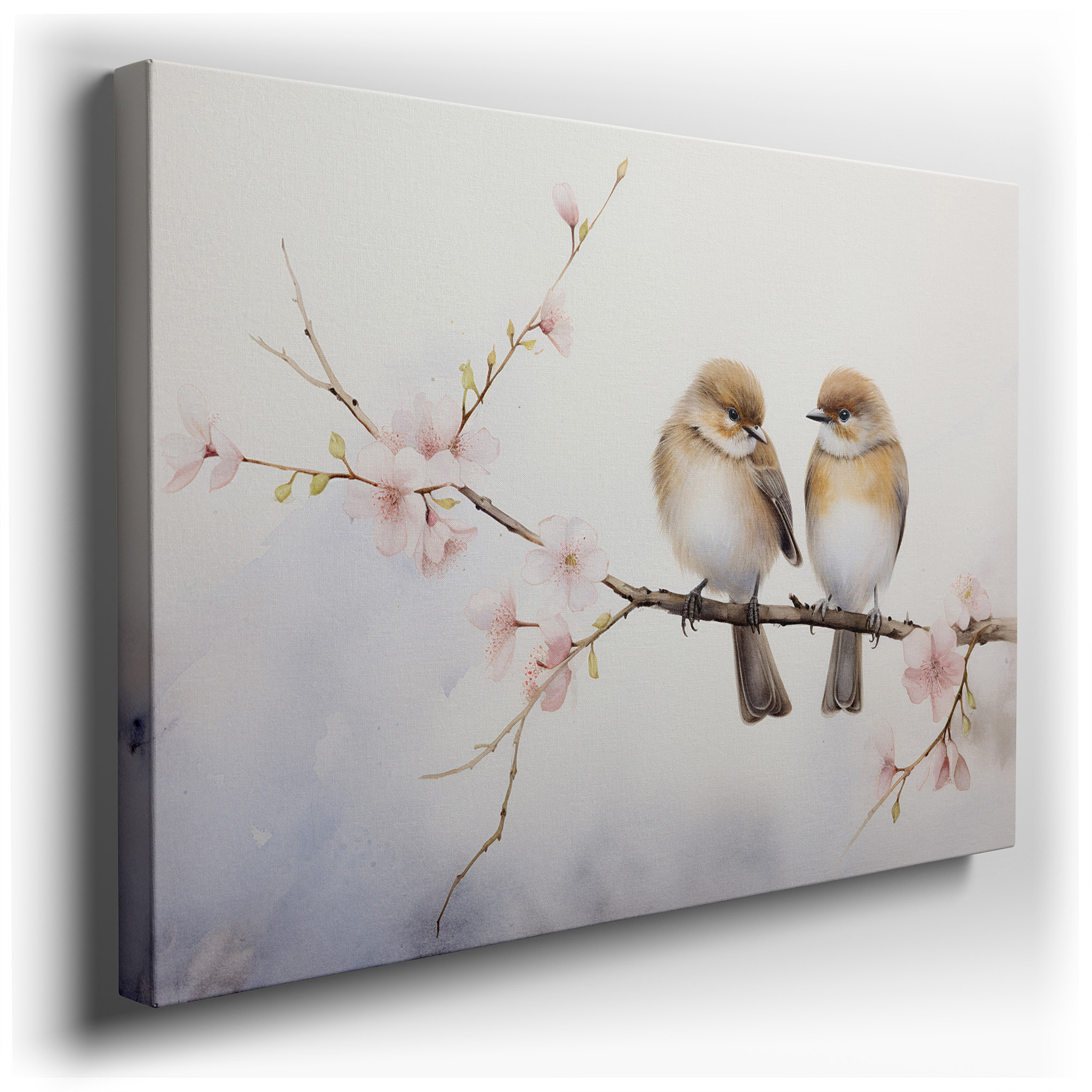 Soft Pastel Birds Nestled in Blossoming Branch, Representing Love and Unity Large Canvas Wall Art, Office Wall Decor
