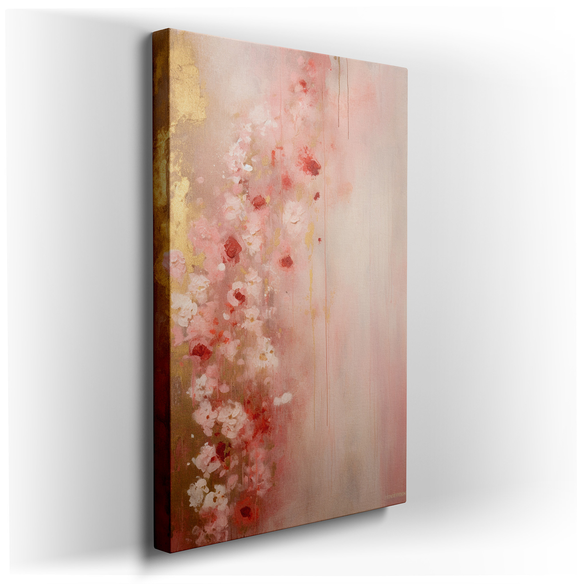 Soft Pink and Red Floral Symphony with Gold Accents, Large Canvas Wall Art for Office and Bedroom Decor wrapped canvas