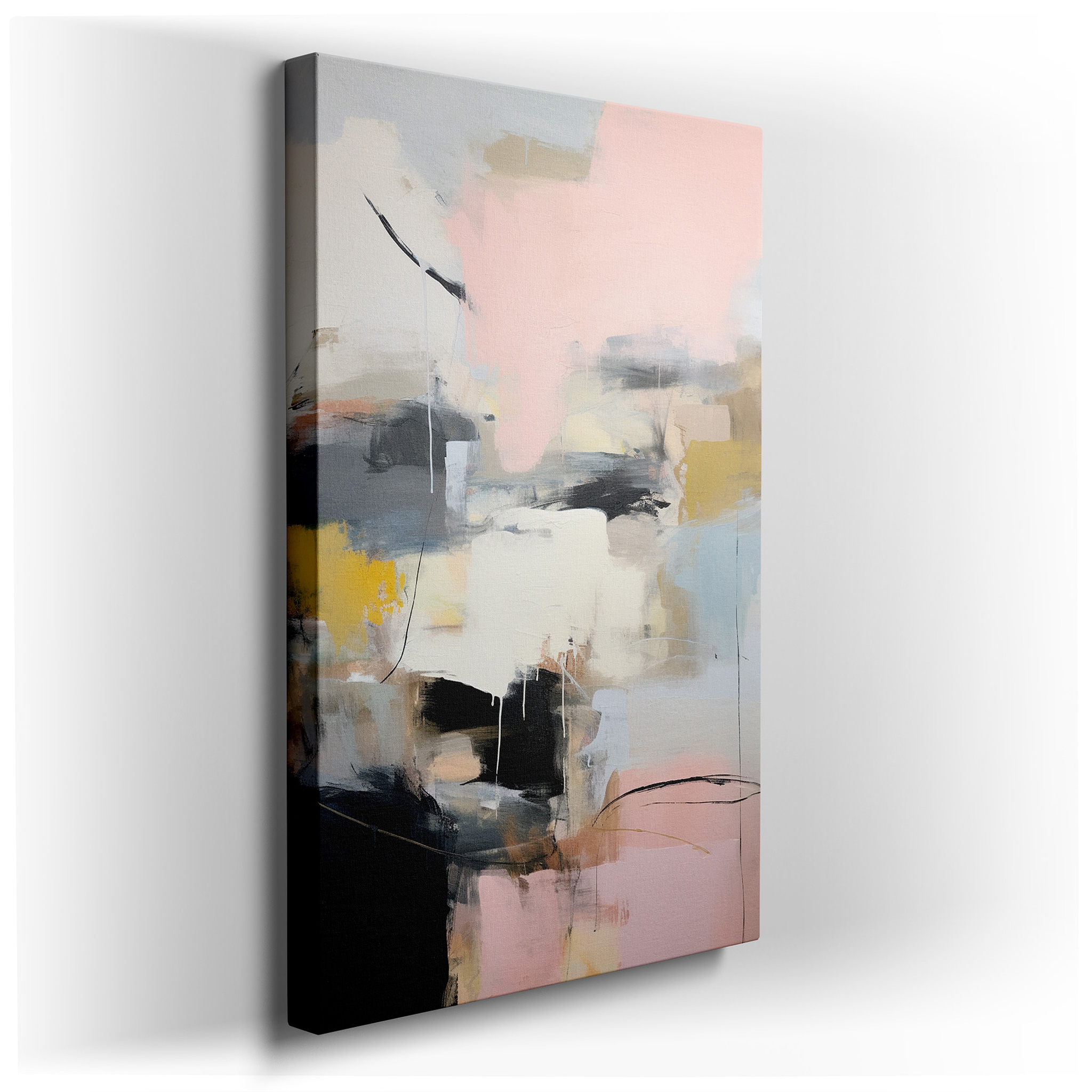 Soft Pink, Deep Black, and Pristine White Symphony: Harmonious Abstract Expression Large Wall Art, Canvas Wall Art,